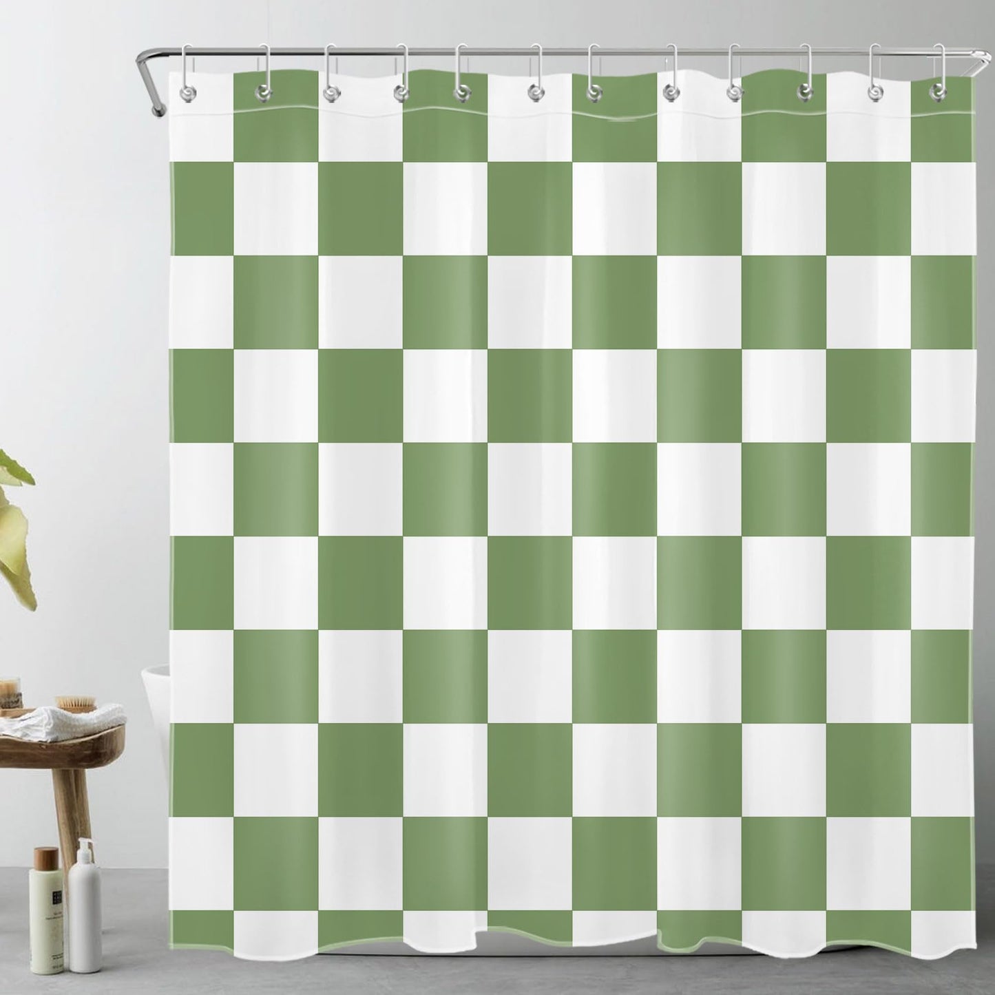 LB Green and White Plaid Shower Curtain Simple Geometric Shower Curtains for Bathroom Modern Checked Art Decor Polyester Anti Mould Waterproof Extra