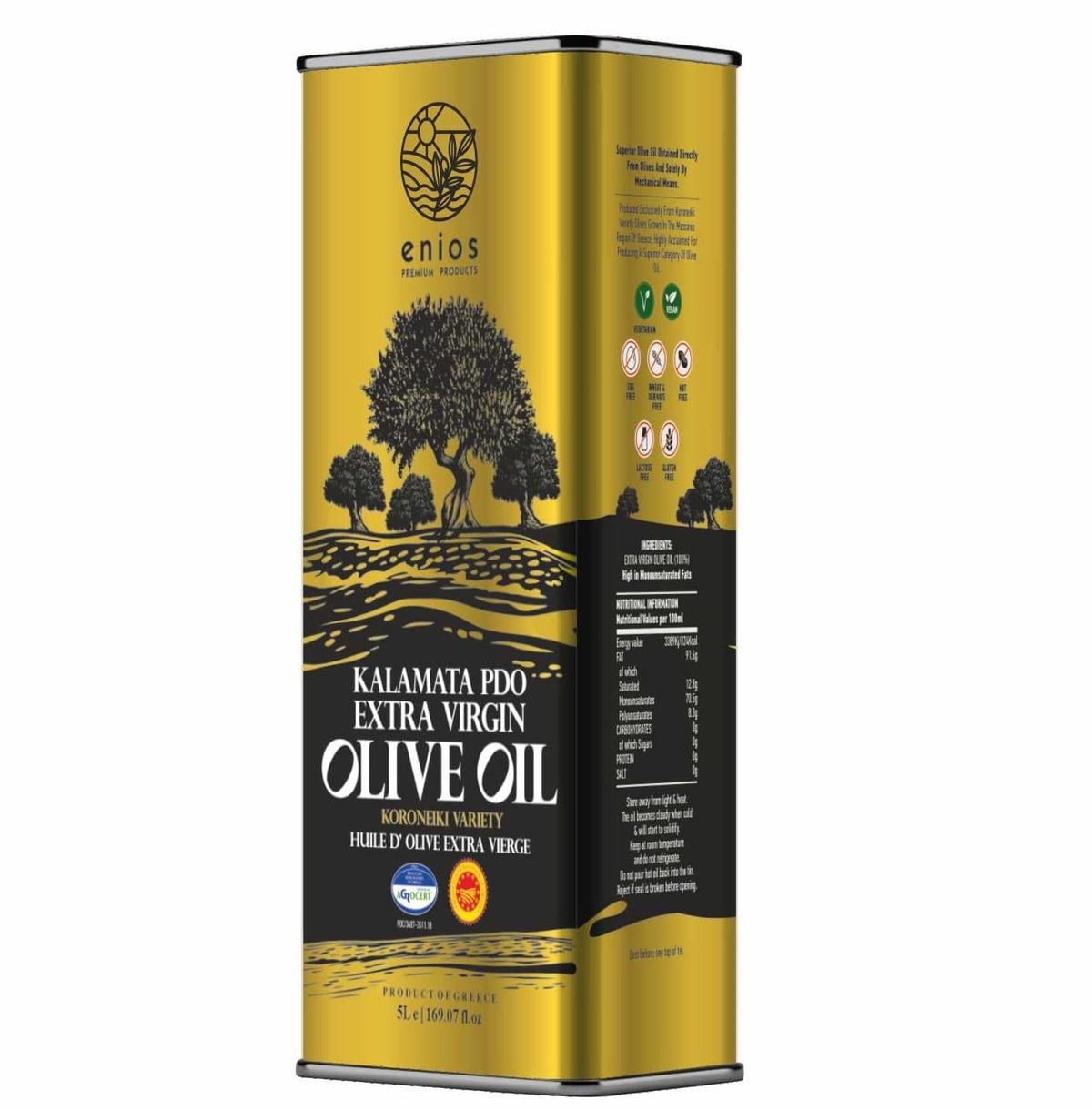 Enios Premium Greek PDO Kalamata Extra Virgin Olive Oil 5L. Harvest 2025/2026. First Cold Pressed. Low Acidity <0.3. Rich in Polyphenols. Best Before: