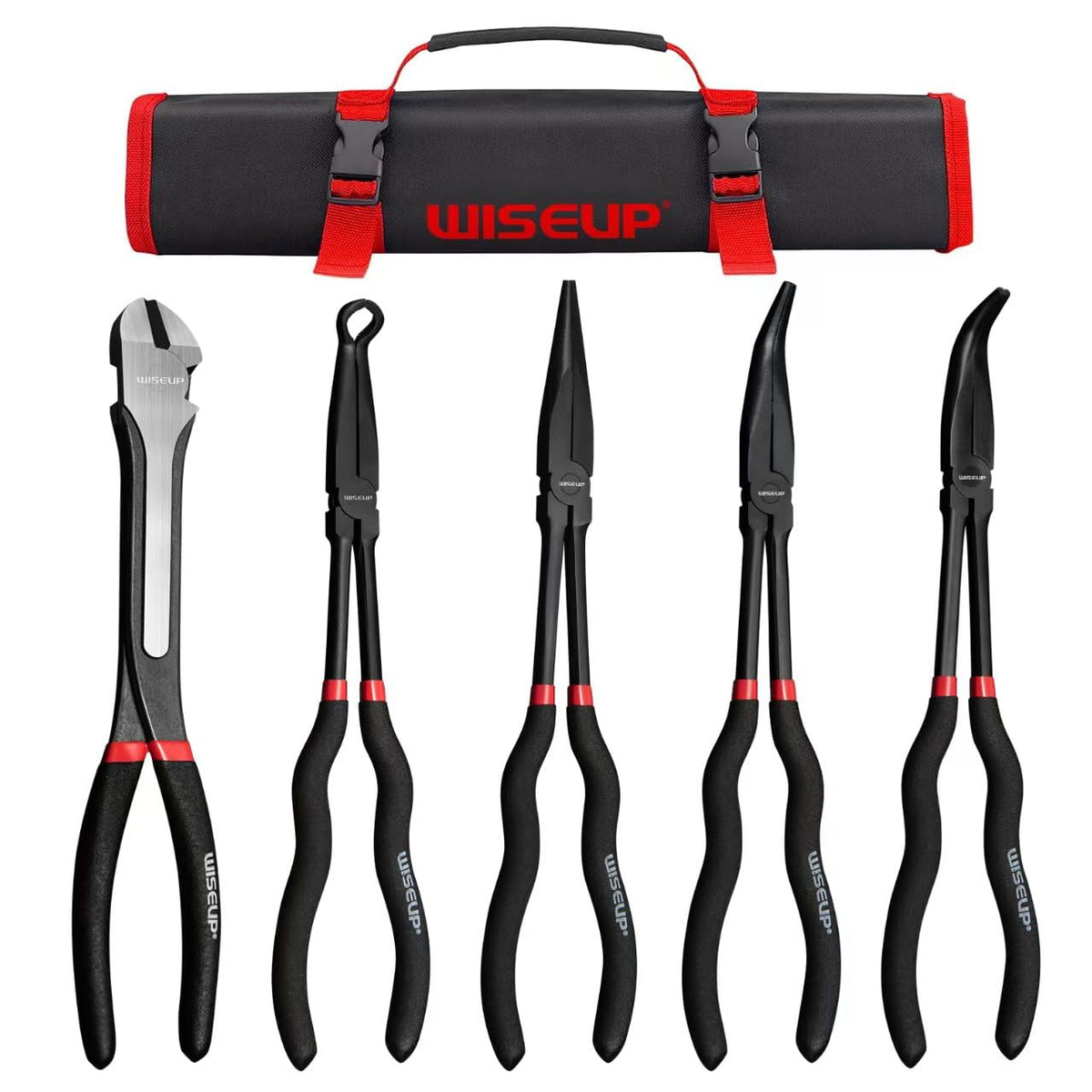 WISEUP 5 Piece Long Nose Pliers Set, Premium Carbon Steel, 11 Inch Long Reach, Straight, 45? Bent Nose, 90? Bent Long Nose Pliers, Side Cutters for