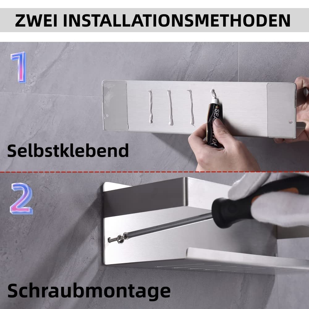 HomeHeng Shower Shelf Self Adhesive Bathroom Shelf Wall Mounted Stick on Shower Caddy SUS304 Stainless Steel Brushed Nickel 30CM, H91107-30BN