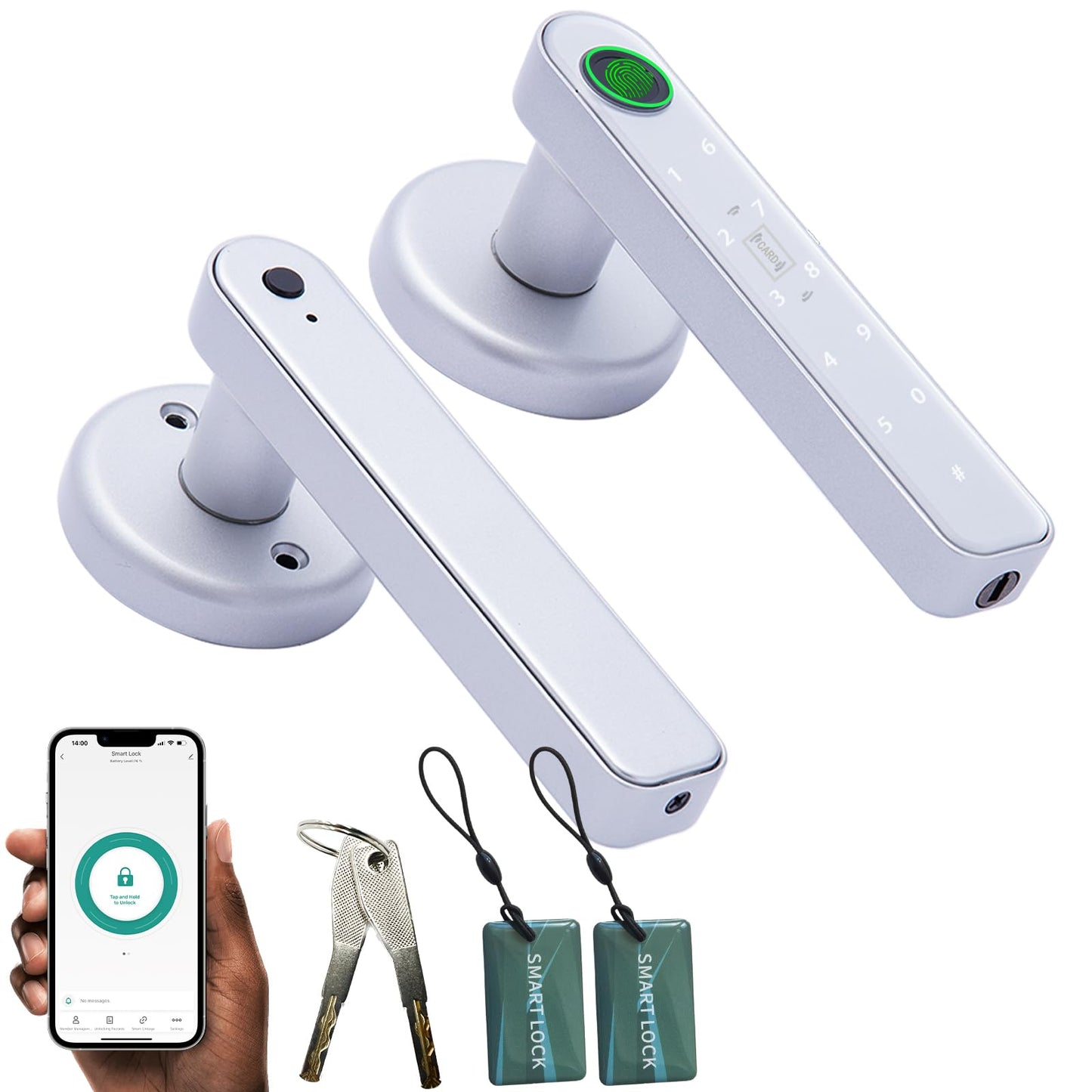 Smart Fingerprint Door Lock, 5 in 1 Automatic Smart Door Handle with APP Control/Fingerprint/IC Cards/Password/Backup Keys, Electronic Digital Locks