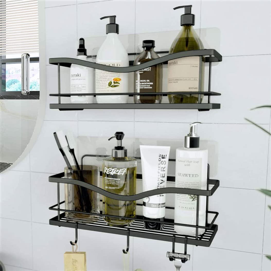 KINCMAX Shower Shelves 2-Pack - Self Adhesive Caddy with 4 Hooks - No Drill Large Capacity Stainless Steel Wall Shelf - Aesthetic Organiser for Inside