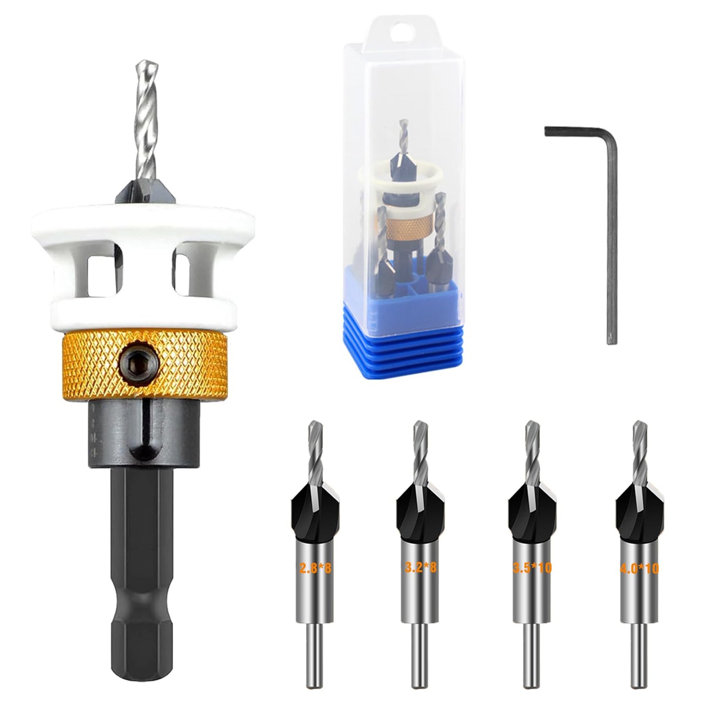 Professional Grade Countersink Drill Bits Set with Depth Stop, Adjustable Depth Woodworking Hex Shank Counter Bit, Heavy-Duty Precision Drilling Tool
