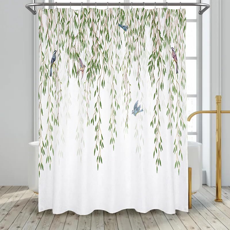 FLCSIed Eucalyptus Leaves Birds Shower Curtain for Bathroom Green Spring Botanical Plant Bathtub Decor Nature Waterproof Polyester Fabric Set with 12