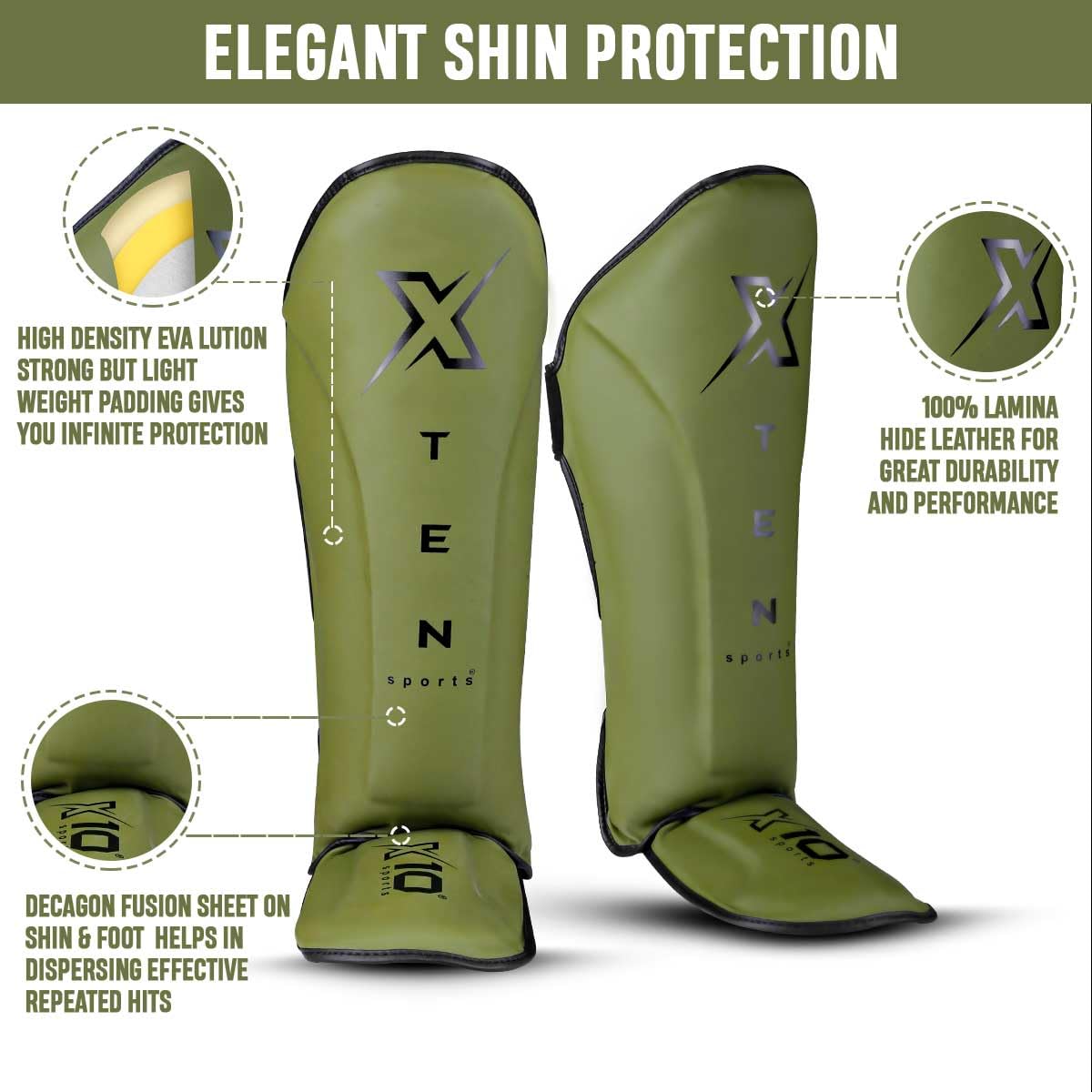 XTEN SPORTS Shin Guards Muay Thai, MMA, Gel Integrated Padding, Training Sparring, Boxing, Kickboxing, BJJ, Taekwondo Protective Gear, Olive Green