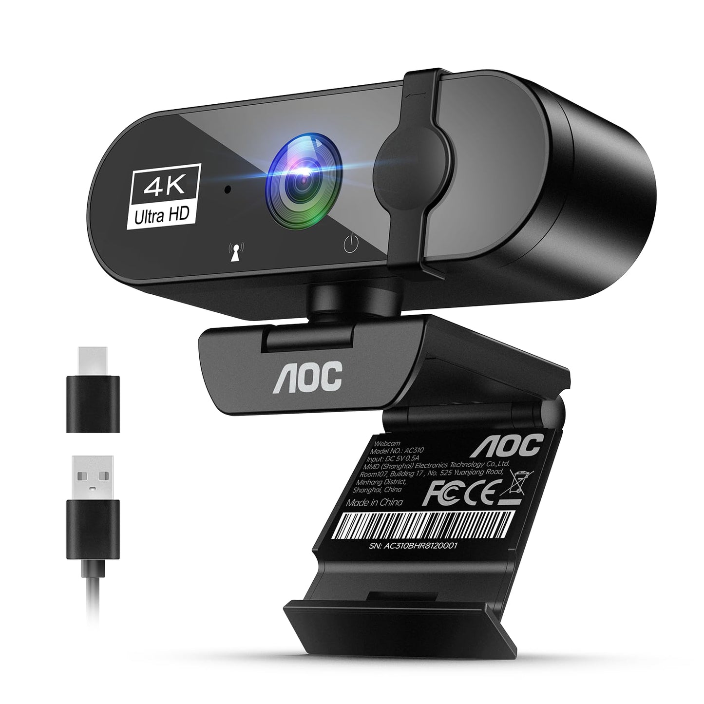 AOC Webcam for PC with Microphone, 4k Computer Camera with Noise Cancellation, Web Camera with Privacy Cover, 99? FOV, Plug & Play, Web Cam for