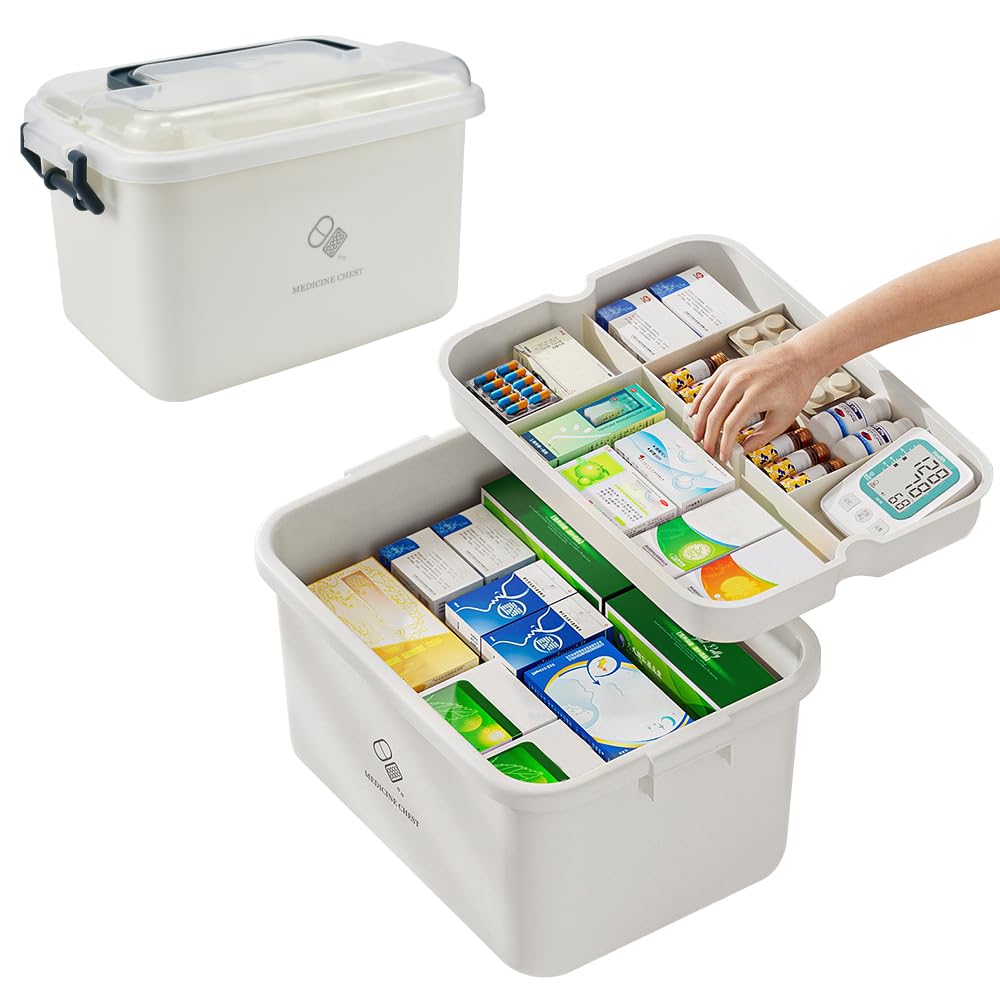 YBCCBY Medicine Storage Box with Handle, Double Layer Compartments, Safety Lock, White+Blue, 29*21*18cm