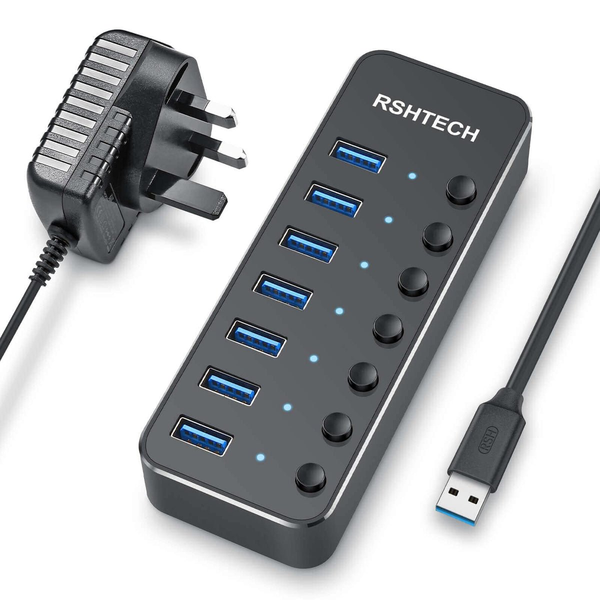 RSHTECH USB Hub Powered 7 Port USB 3.0 Data Hub Aluminum USB Extension Splitter with Individual On/Off Switch Universal AC to DC 5V Power Adapter