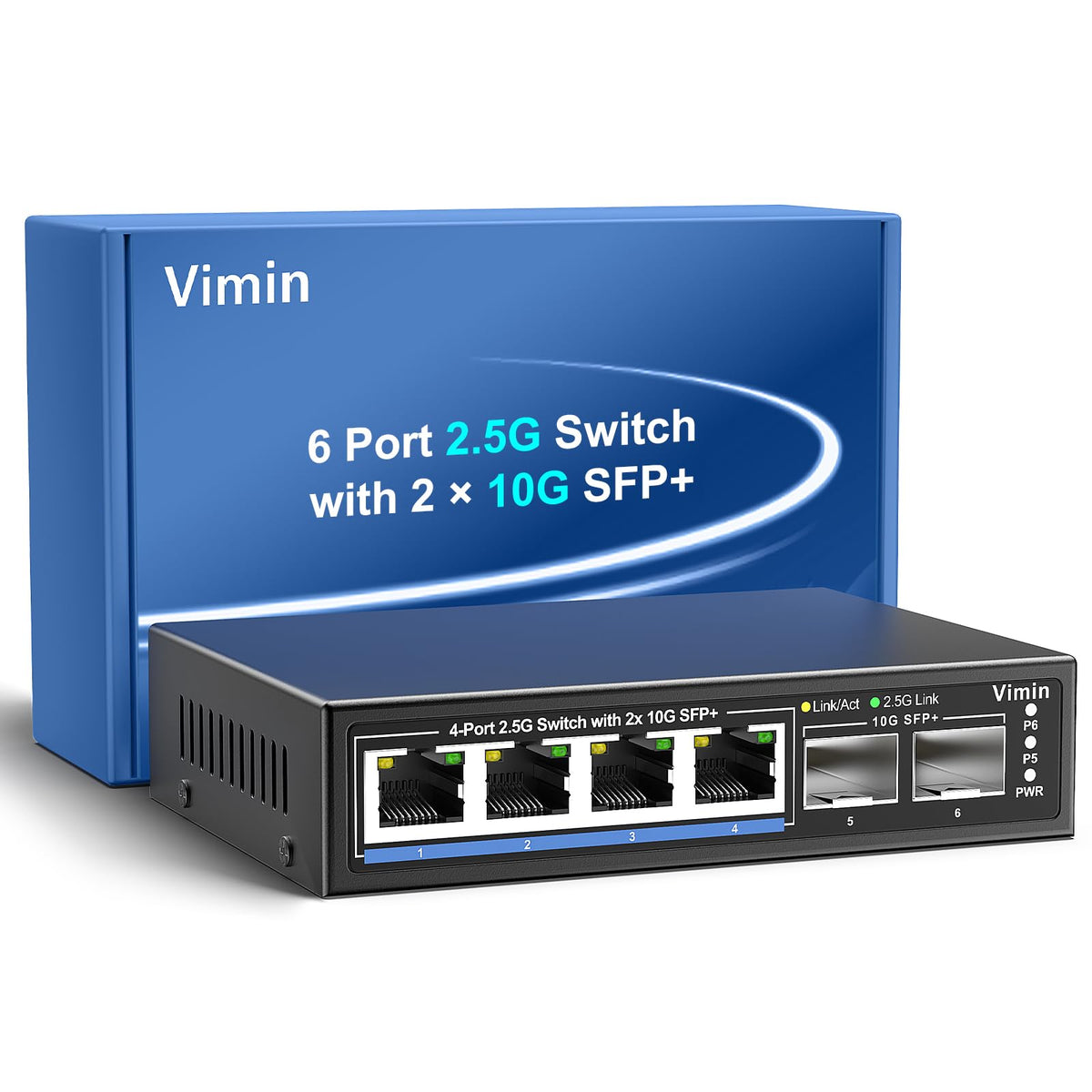 6 Port 2.5G Unmanaged Switch with 2x10G SFP, 4X 2.5Gbase-T Ports, 2X 10G SFP+ Port, 60Gbps Switching Capacity, IEEE802.3, One-Key VLAN, Metal Housing,
