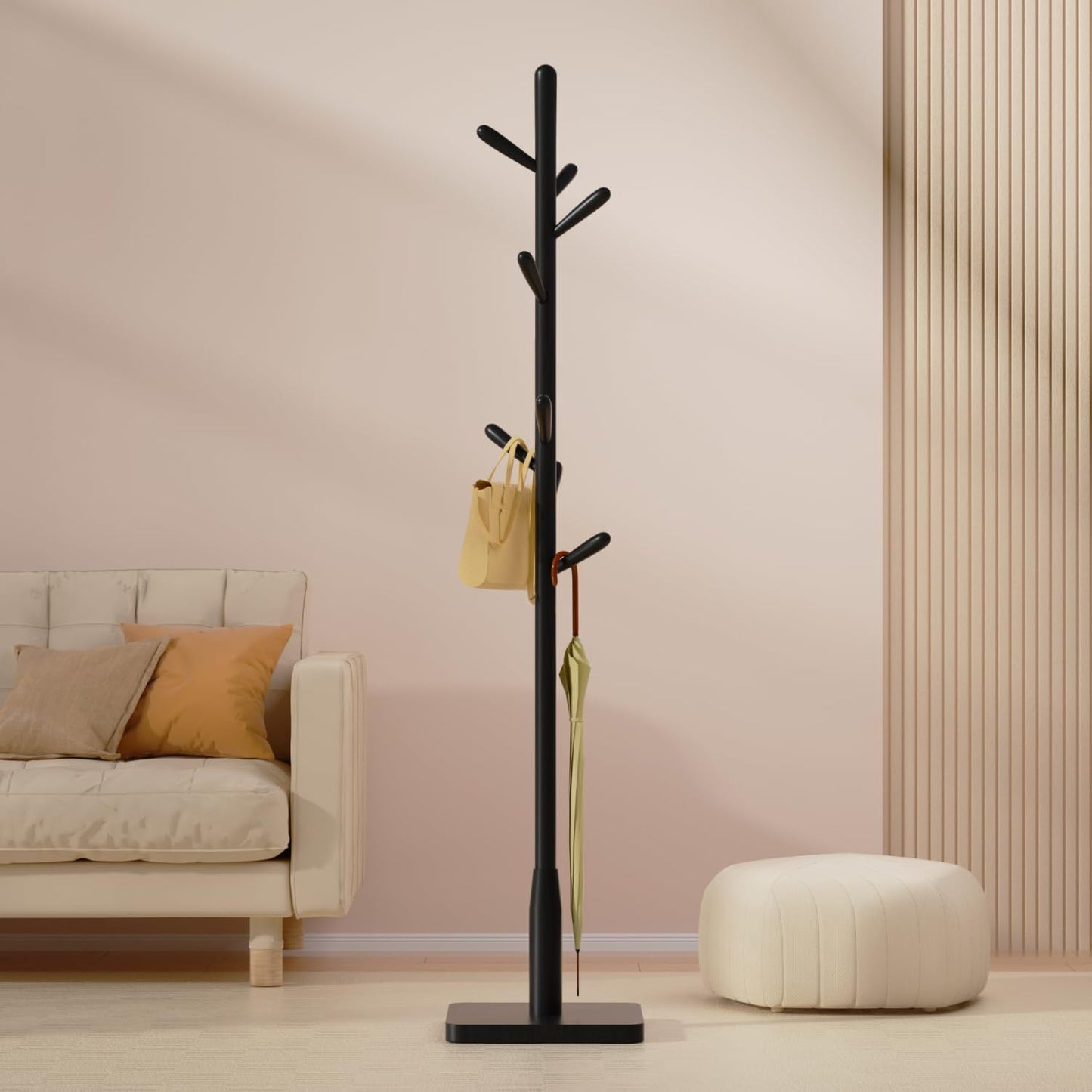 Awatiwa Solid Wood Square Base Coat Rack, Free Standing Hall Coat Tree with 8 Hooks(+2 spare for Coats, Hats, Bags, Purses, for Entryway, Hallway