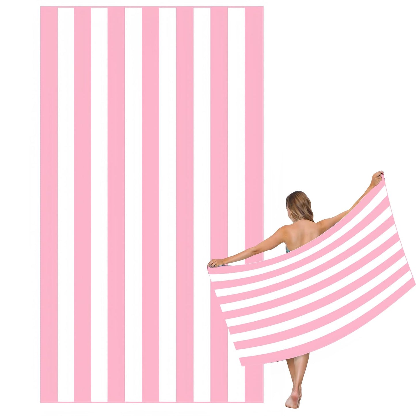 Large Quick Dry Microfibre Beach Bath Towel for Adult,Double Sides Pink White Striped Sand Free Beach Towel with Bag,Lightweight Gym Yoga Sports