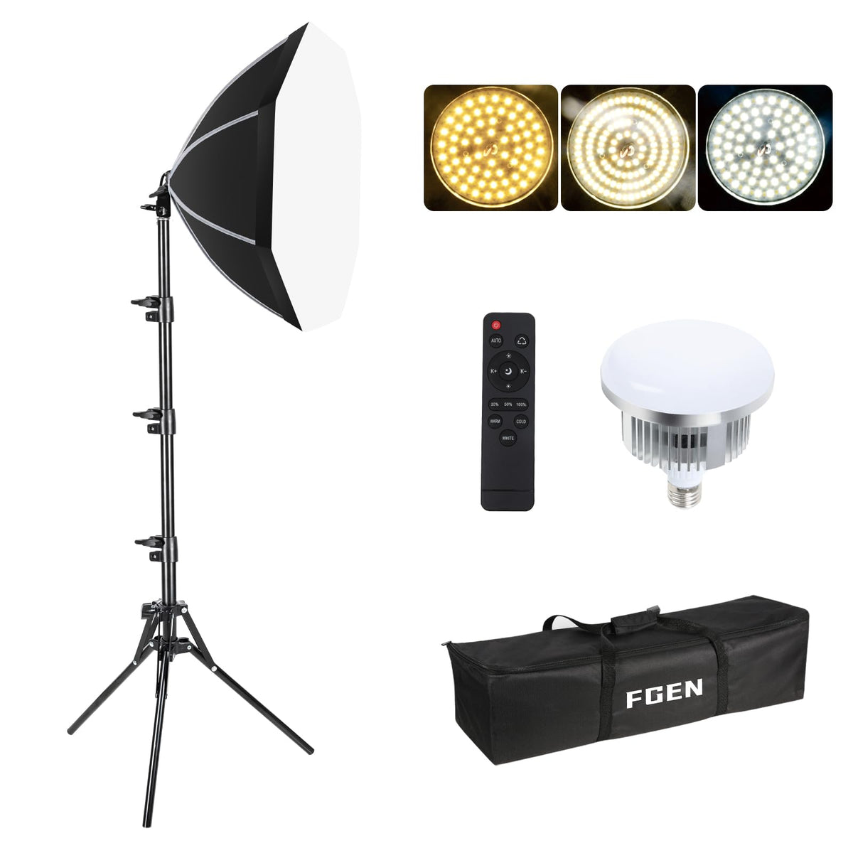 FGen Octagonal Photography Lighting Softbox,50cm Softbox Lighting Kit with 85W 2700-6400K Adjustable LED Bulbs,150cm Adjustable Light Stand for Studio