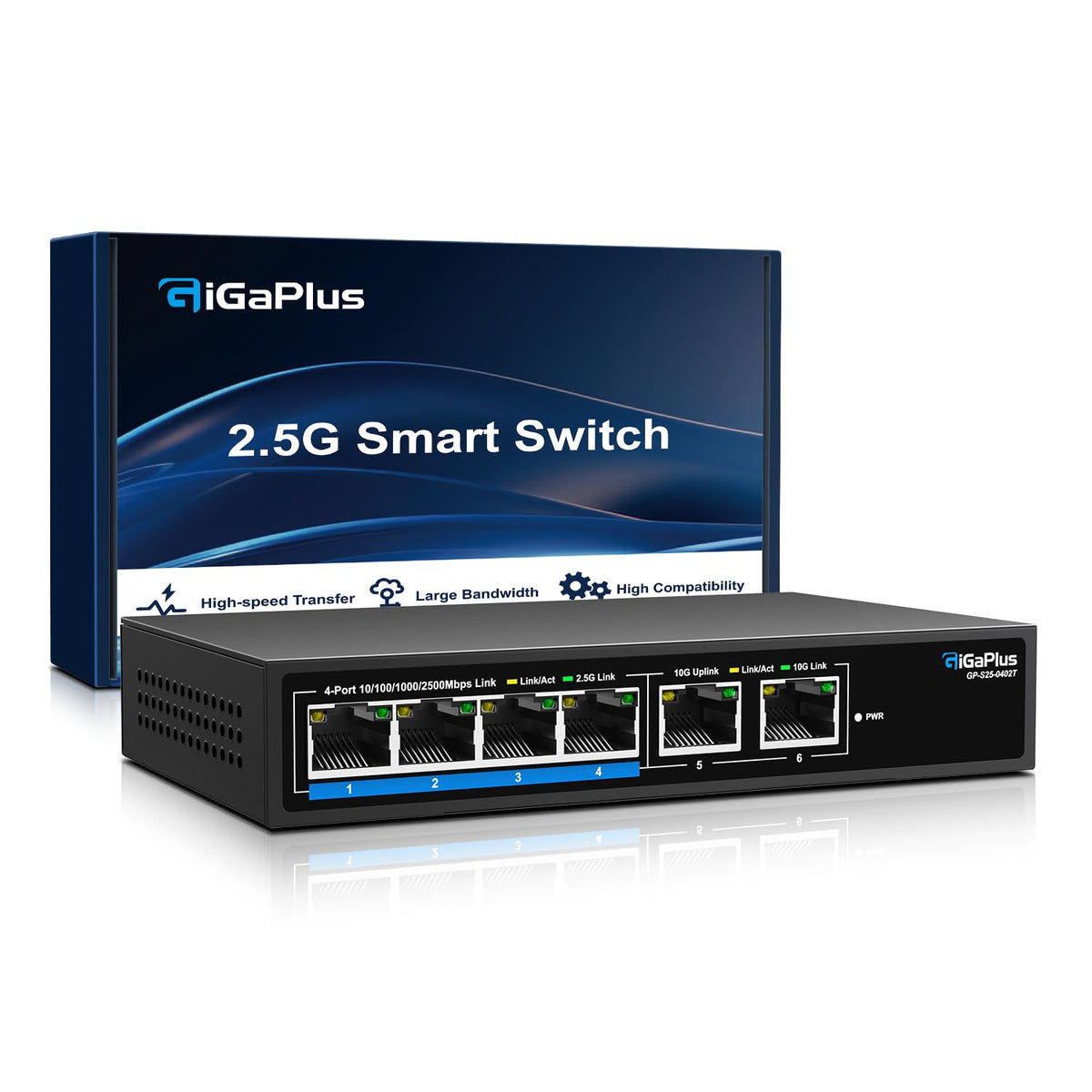 6 Ports 10Gb Unmanaged Ethernet Switch with 4*2.5G Base-T Ports, 2*10G RJ45 Ports. 60Gbps Switching Capacity, GiGaPlus 10Gbps Network Switch for