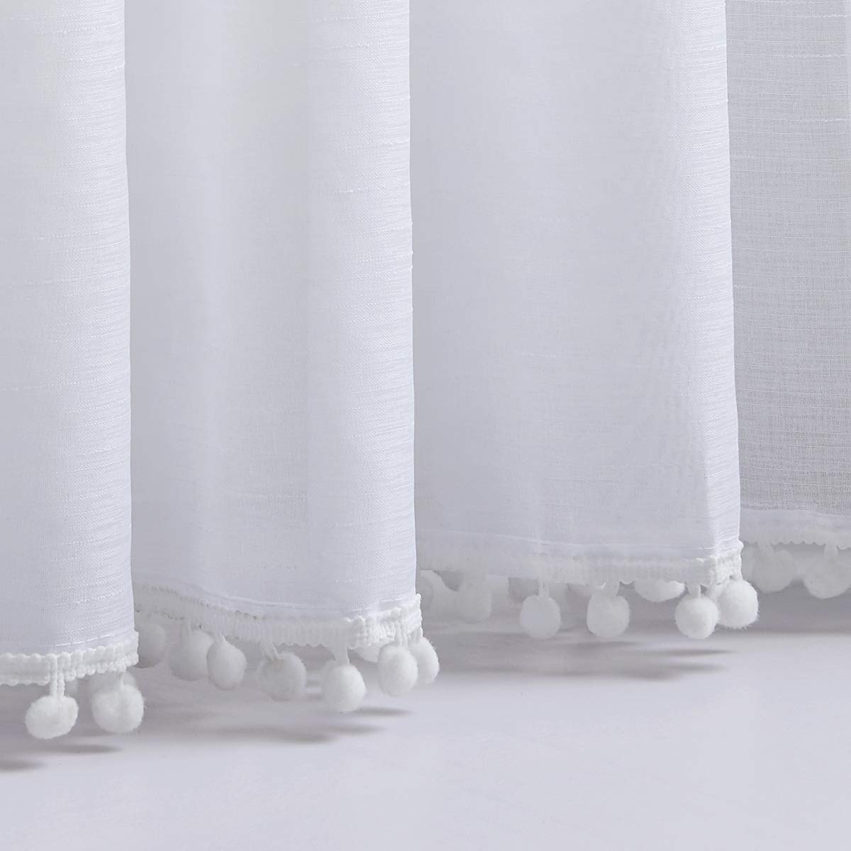 Snow White Sheer Curtains 52 x 90 Inch Bedroom Decorative Pompom Trimmed Voile Window Curtain for Living Room Light Weight Linen Look Solid Pencil