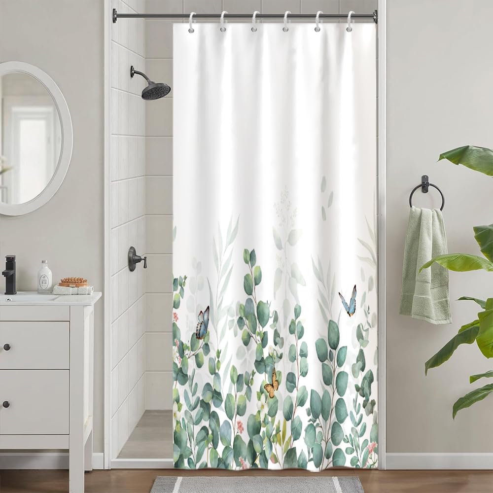 Uiiooazy Eucalyptus Stall Shower Curtain, Sage Green Leaves Floral Butterfly Bath Curtain Mildew and Mould Resistant Waterproof Polyester Fabric