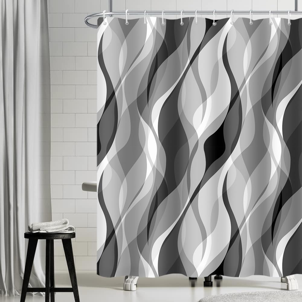 Uiiooazy Grey Shower Curtain, Abstract Striped Geometric Lines Bath Curtain Anti-Mould Waterproof Washable Polyester Fabric Bathroom Curtain with 12