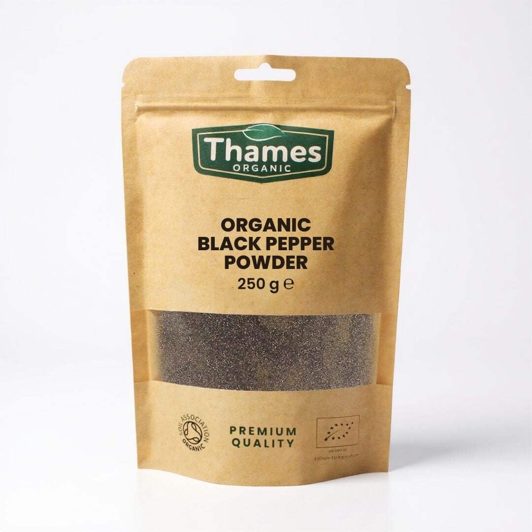 Organic Black Pepper Powder 250g- Strong Flavour, Non-GMO, No Additives or Preservatives - Perfect for Seasoning and Cooking - Thames Organic 250g