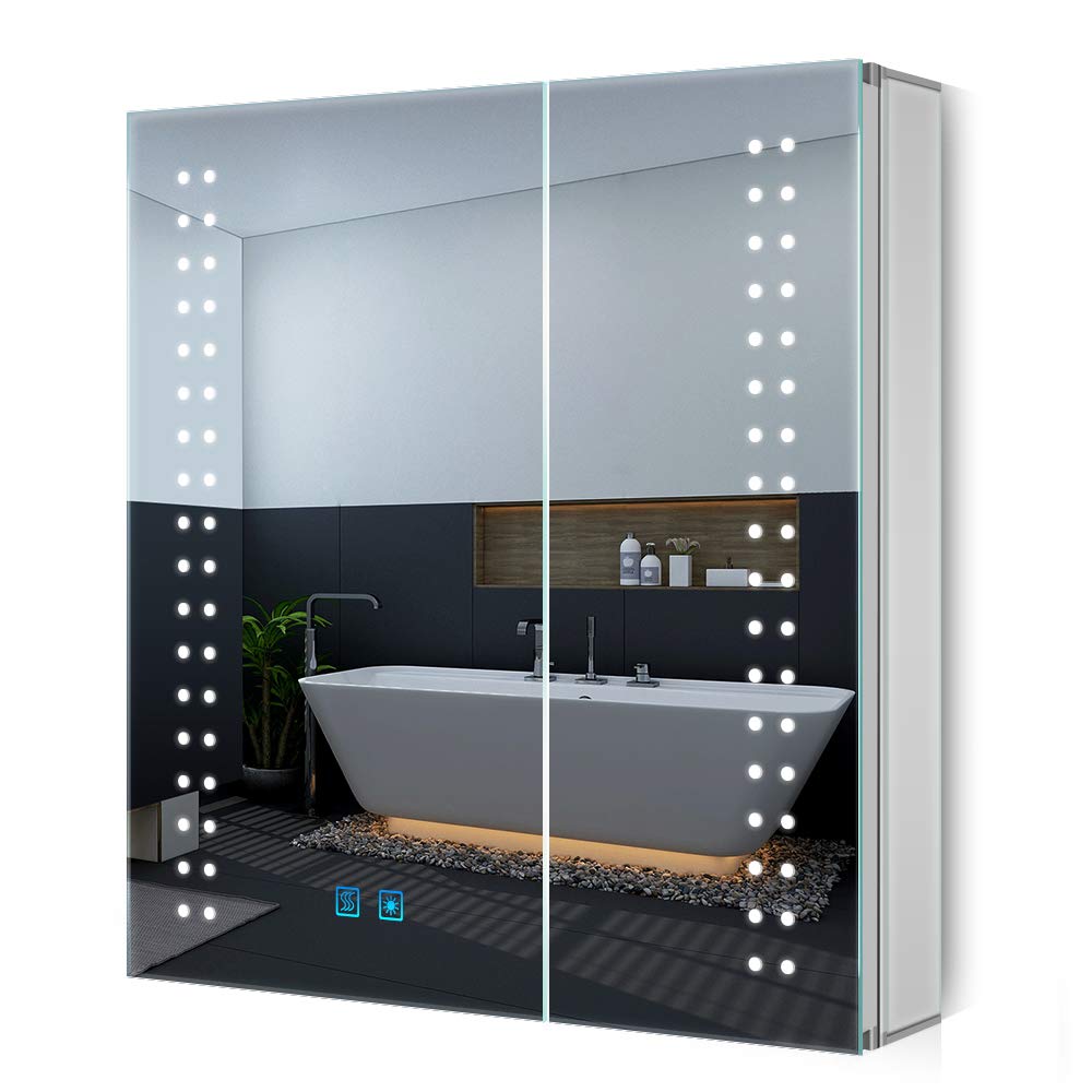 Quavikey?LED Bathroom Mirror Cabinet with Shaver Socket and Dimmable Light 2 Doors Grey Bathroom Cabinet with Mirror Removeable Shelf and Built-in