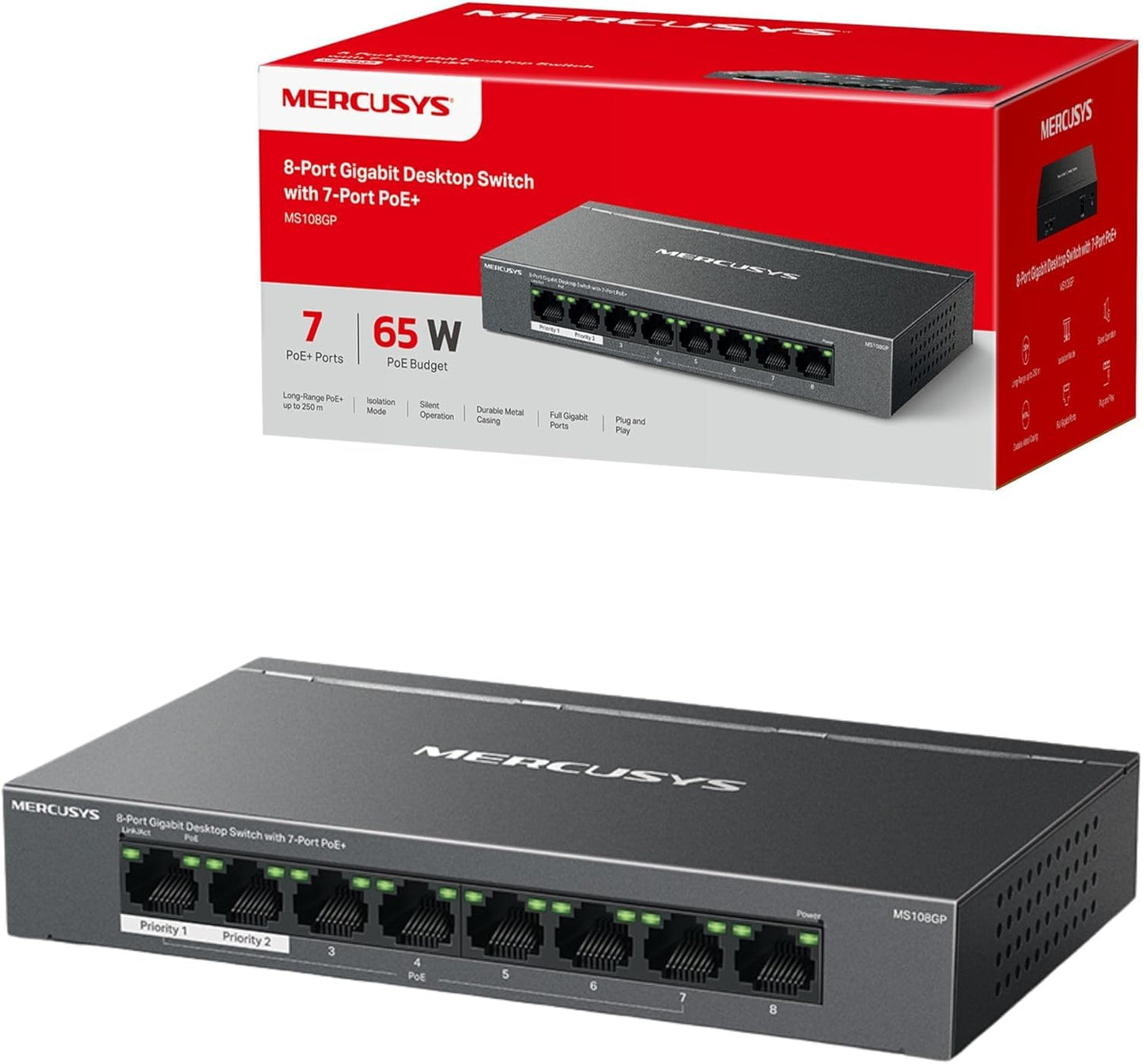 MERCUSYS MS108GP 8-Port Gigabit Desktop PoE Switch with 7-Port PoE+, 250m Long Range Ethernet Splitter Extender, Compatible with 802.3af/at PDs, up to