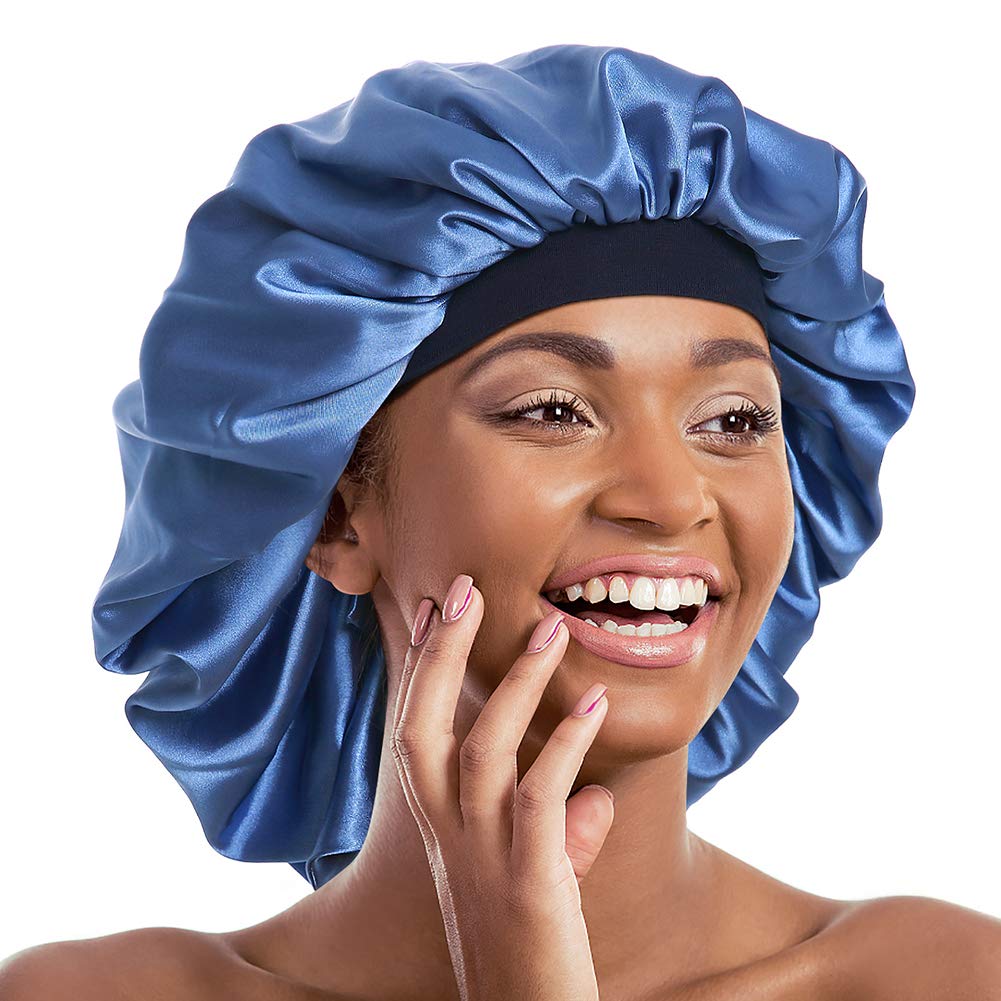 Double Layer Bonnet Long Satin Cap Head Wrap for Sleeping Blue