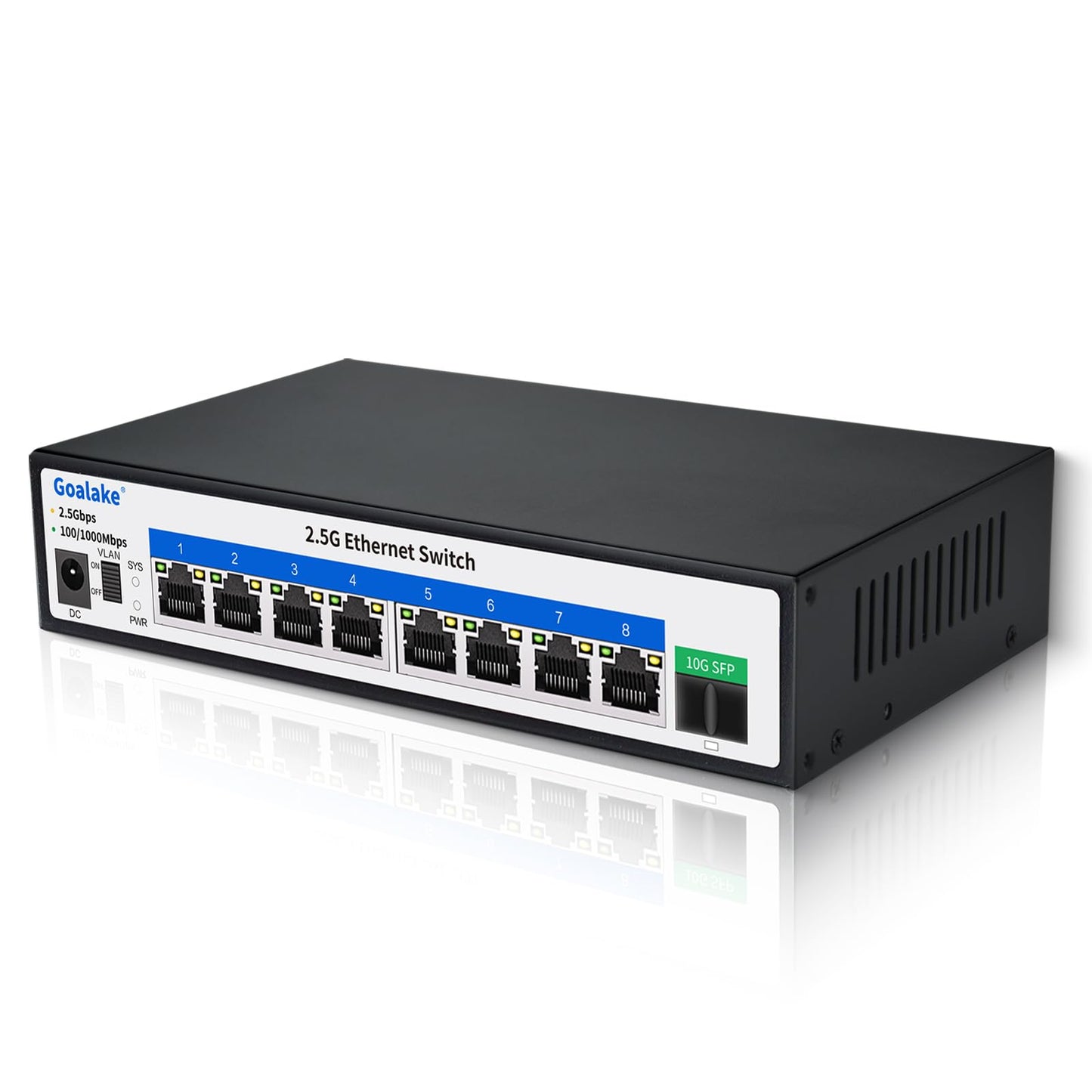 Goalake Umanaged 8 Port 2.5G Switch, 8 x 2.5G Base-T Ports, 1 x 10G SFP+, 60Gbps Switching Capacity, Metal, Fanless, 2.5G Multi-Gigabit Desktop Switch