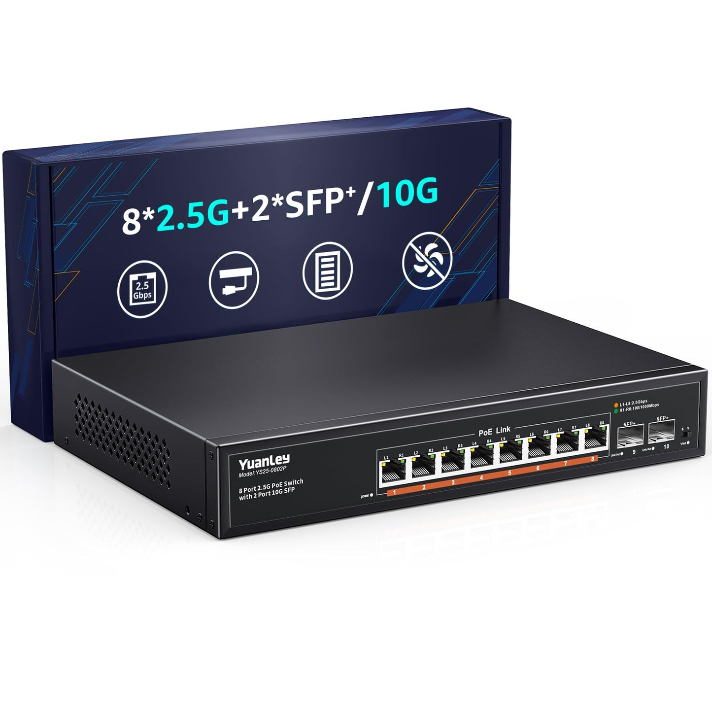 YuanLey 10 Port 2.5G PoE Switch Unmanaged, 8 x 2.5G Base-T PoE Ports, 2X 10G SFP, IEEE802.3af/at, 120W, Compatible with 100/1000/2500Mbps, Metal