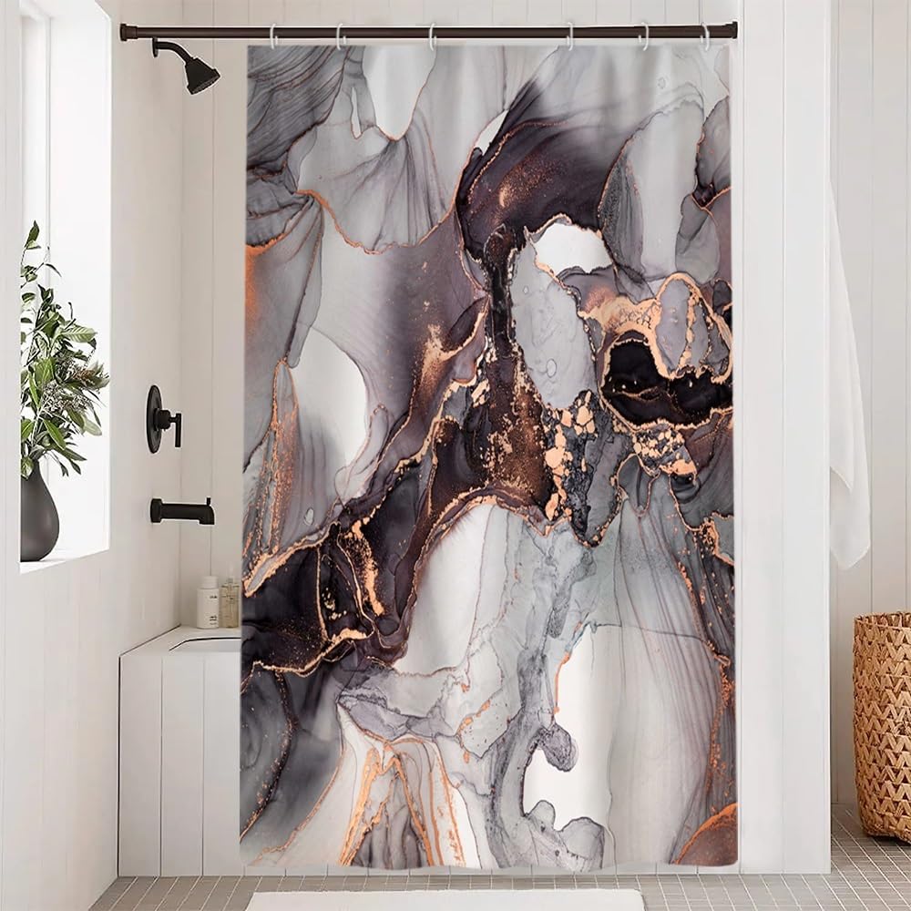 Uiiooazy Black Marble Shower Curtain, Grey Gold Abstract Bath Curtain Mildew and Mould Resistant Waterproof Polyester Fabric Washable Opaque Shower