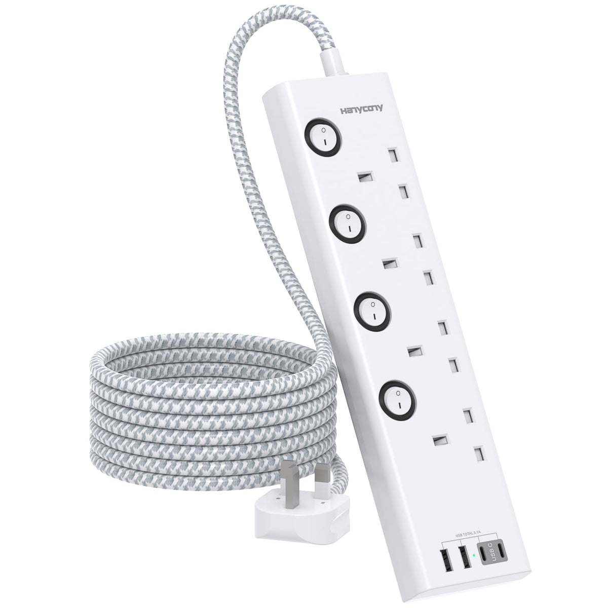 Extension Lead with USB Slots(2 USB C), HANYCONY 4 Way Plug Extension Socket with Individual Switches, 1.8M Extension Cable, Wall Mount Extension