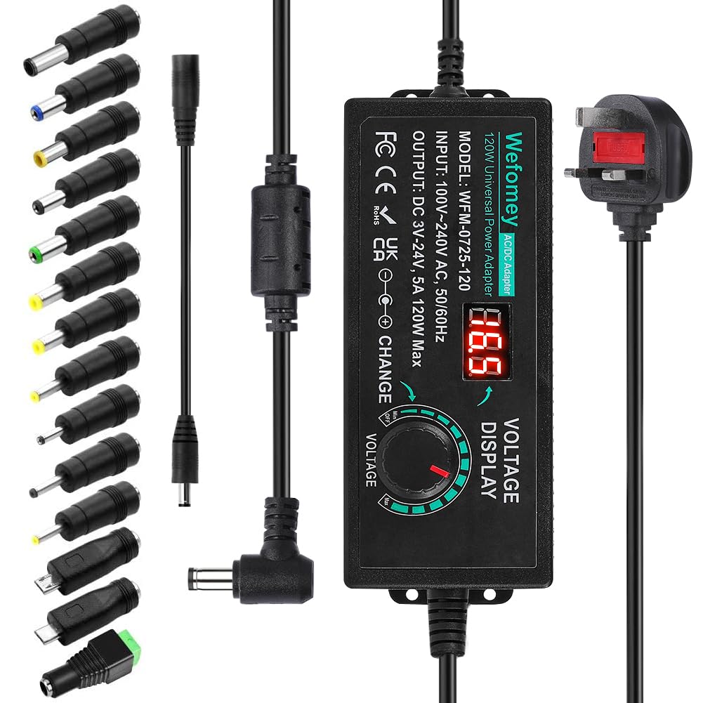 Wefomey Universal Power Supply 3V~24V 5A 120W Adjustable Variable AC/DC Adapter Charger, 100V-240V AC to DC Converter with LED Voltage Display & 14