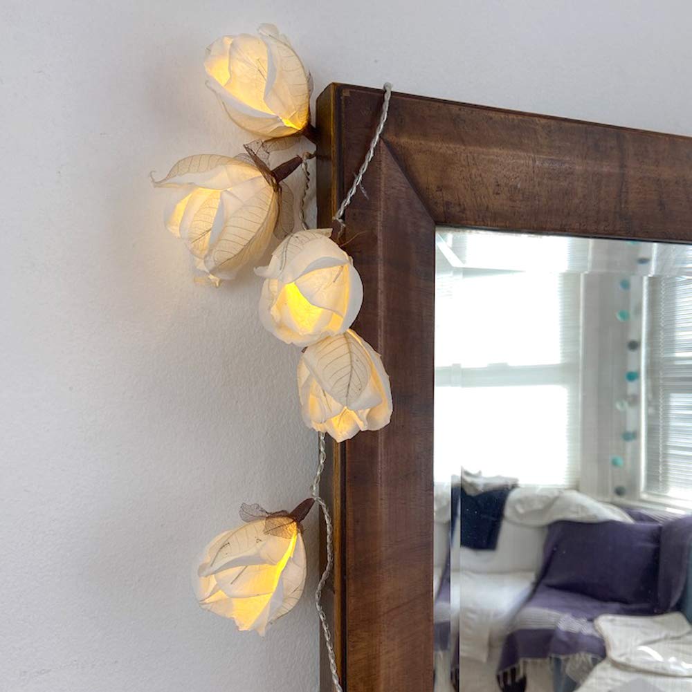 Blaze On Chelsea Rose Fairy Lights (White Coloured) 20 Warm White LED Lights Handcrafted Roses Created from Mulberry Paper USB Powered with UK