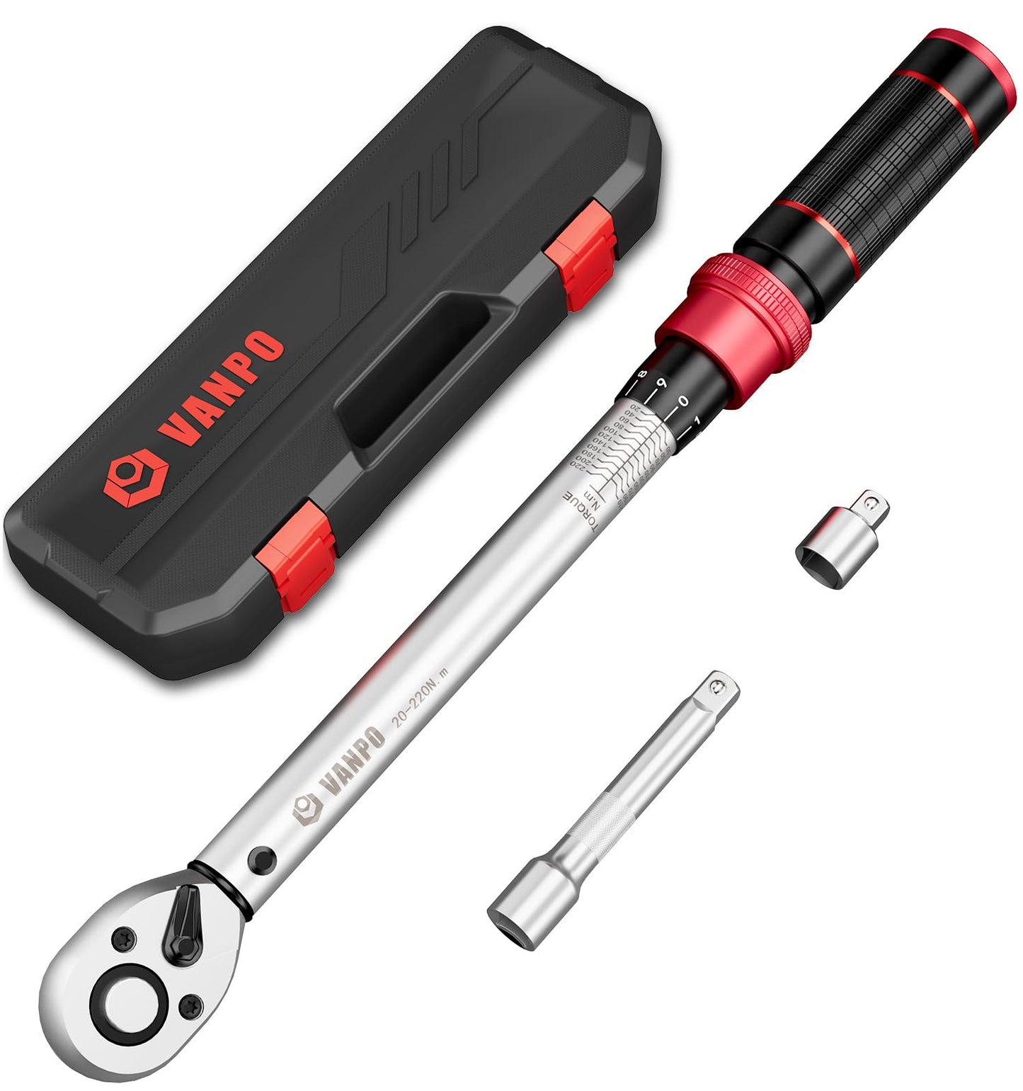 VANPO Torque Wrench 1/2" Drive, 20-220Nm Car Wrench Set with 1/2" to 3/8" Adapter & Extension Bar, ?3% Accuracy, Dual-Direction, 72-Tooth Wheel Nut