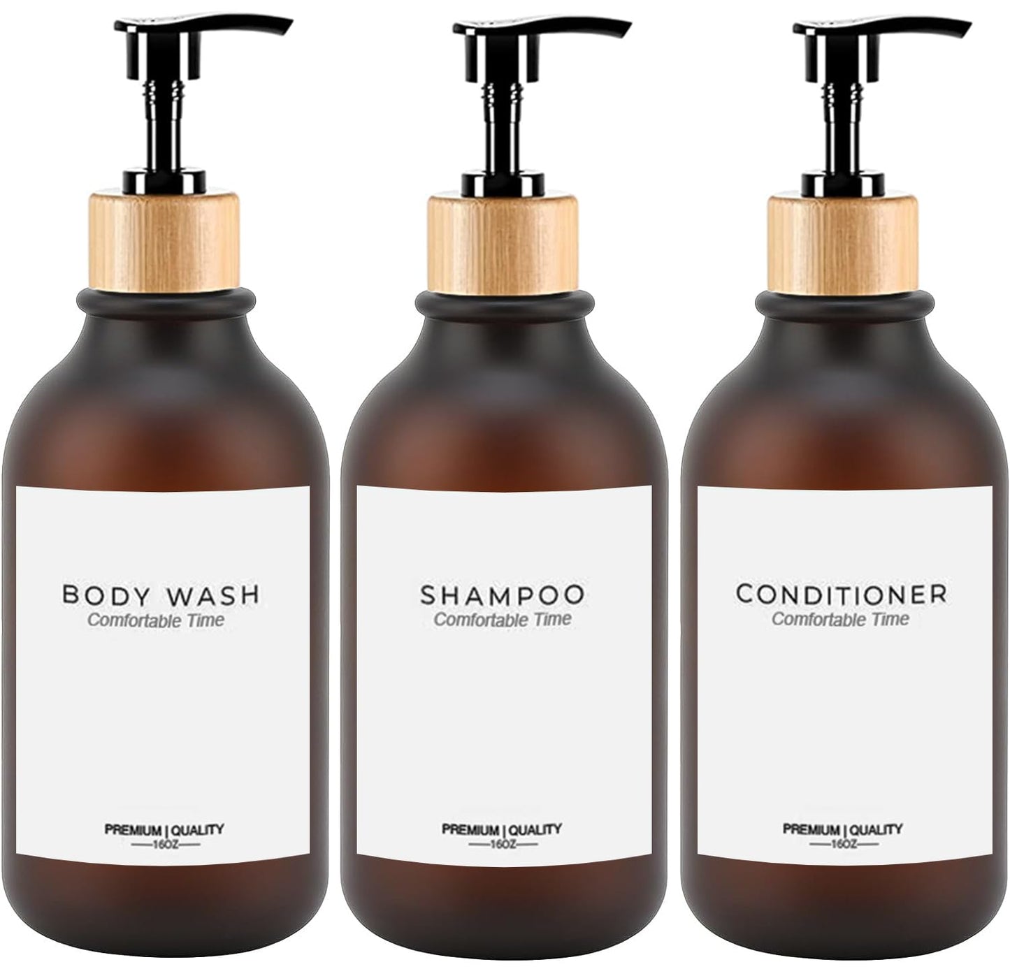 Frosted Heavy Duty Shampoo and Conditioner Bottles, Apothecary Dispenser Bamboo Pump, Refillable Shampoo Bottles for Shampoo Lotion Oil Shower Soap