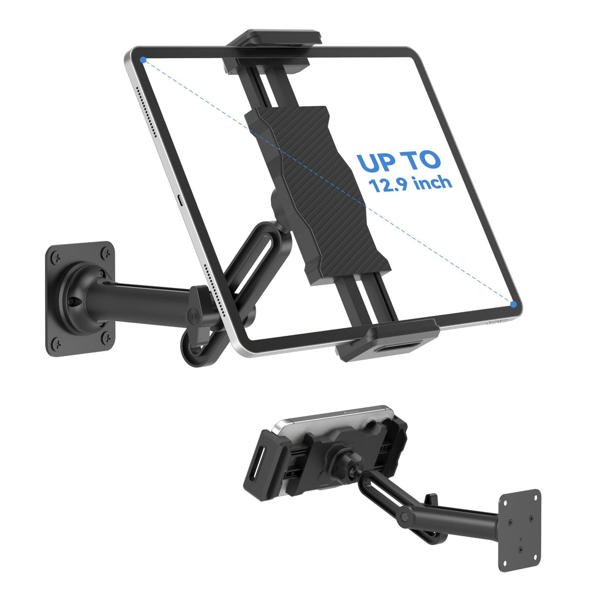 KDD Tablet Wall Mount Holder, Adjustable Extendable Arm iPad Wall Holder with Sturdy Metal Base, 360?Rotating Phone Tablet Bracket Fits iPad Pro Air