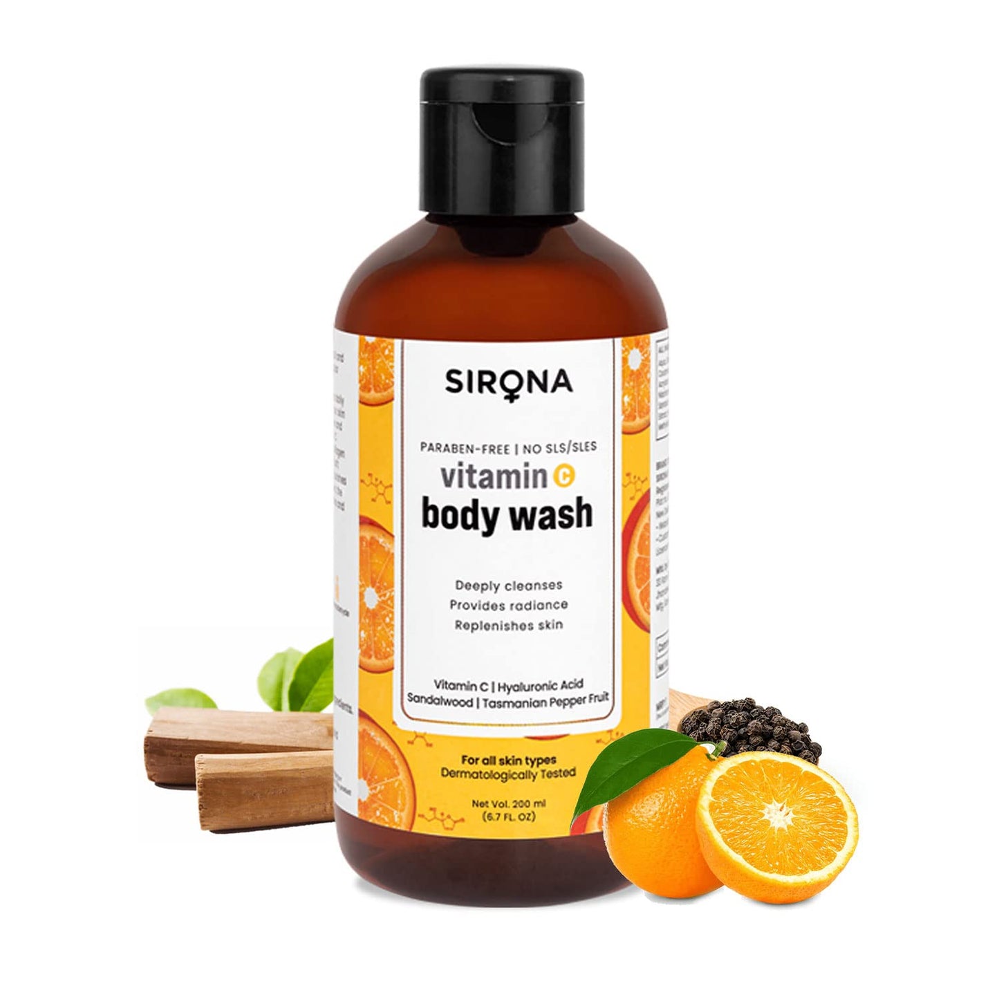 Sirona Natural Vitamin C Body Wash for Men & Women - 200 ml | Gel Based Shower Gel with Hyaluronic Acid, Sandalwood & Tasmanian Pepper Fruit | for