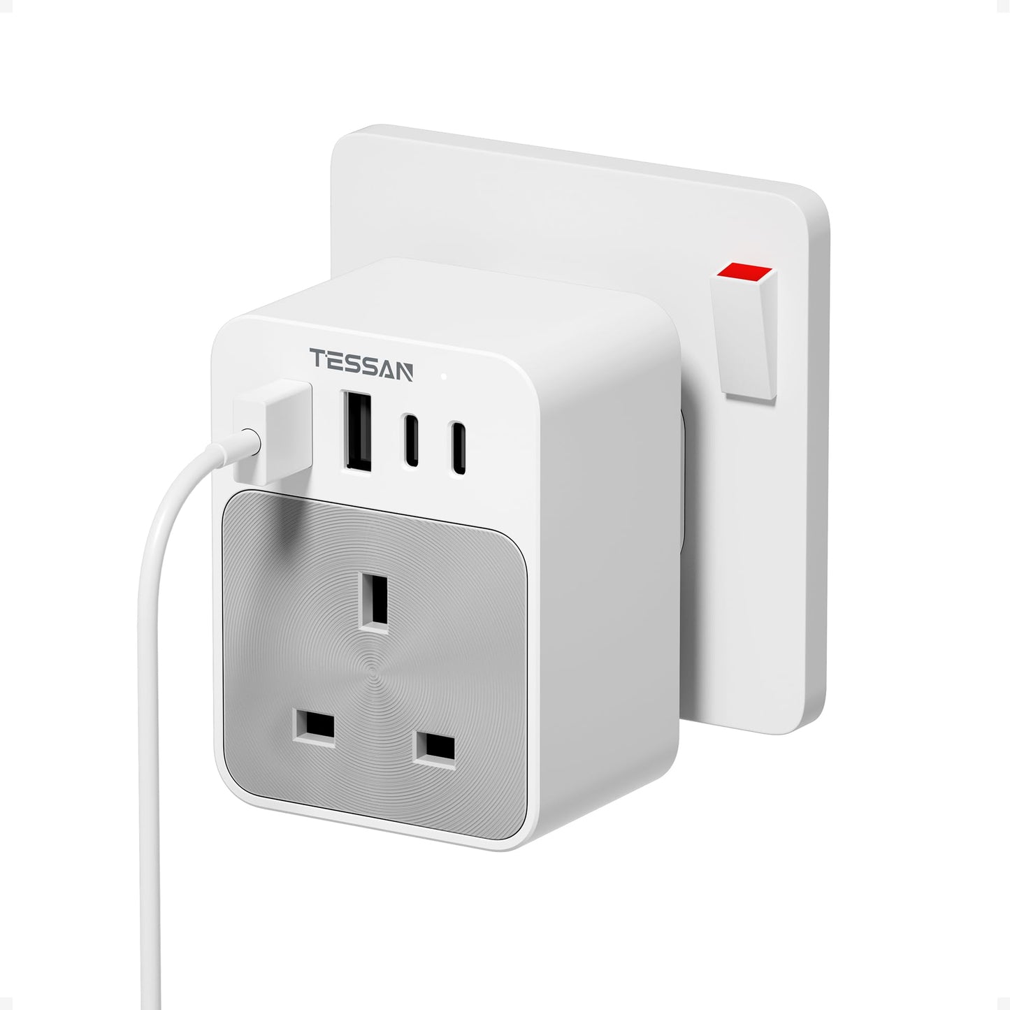 TESSAN USB C Plug Adaptor UK, Multi Plug Extension Socket with 4 USB Charger, 1 Way Wall Charger Sockets 3250W, Power Adapter for Home, Kitchen,