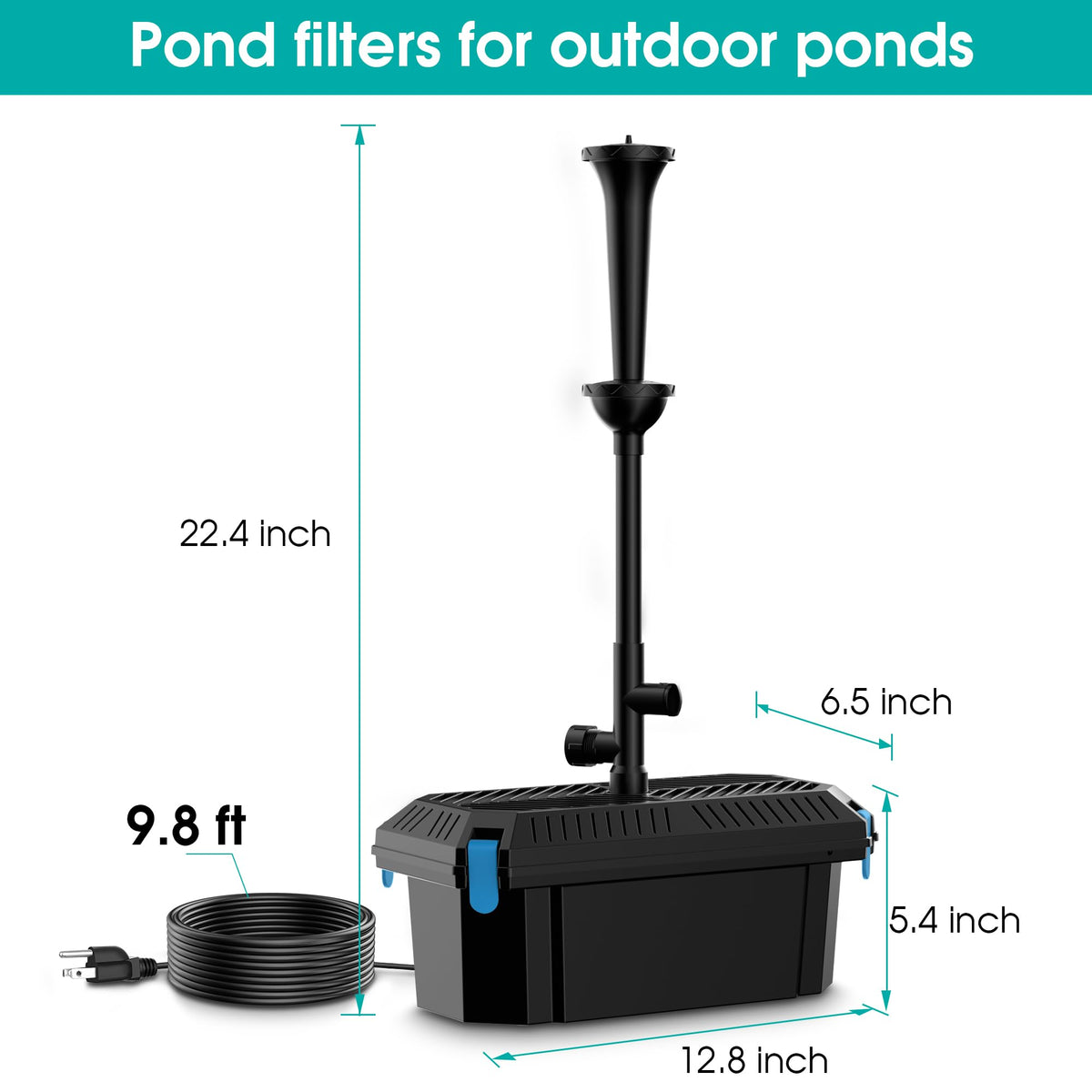 Biling Koi Pond Filter Box with 2400 L/H 40W Water Pump, 3 Fountain Heads for Ponds up to 3,000L