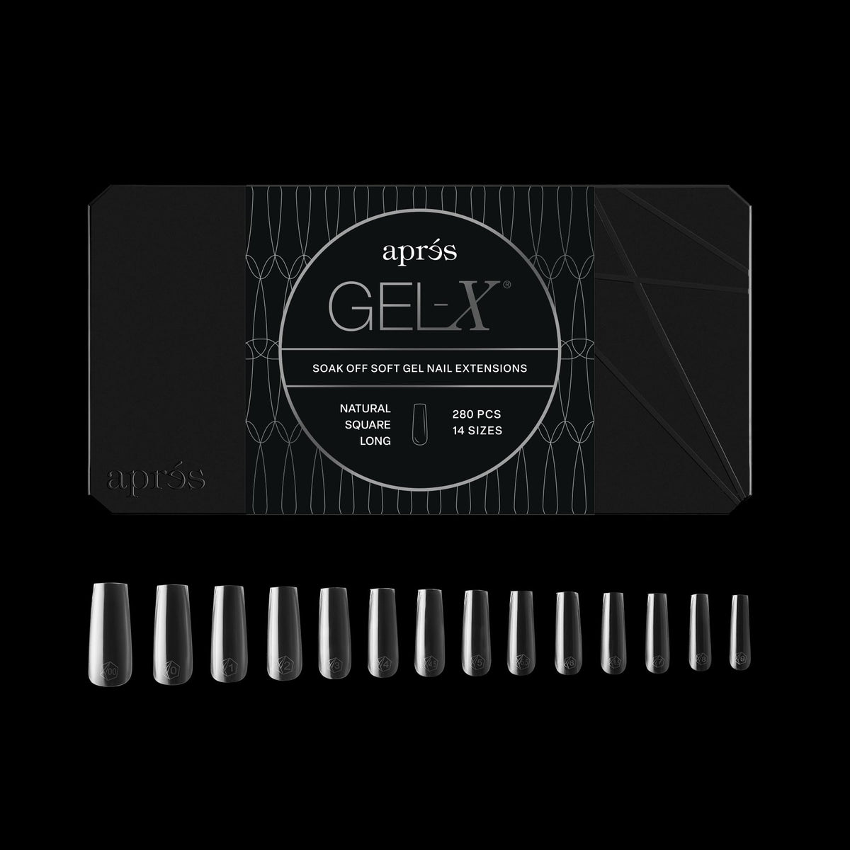 Apres Gel-X? Square Box of Nail Tips | 280 Soft Gel Tips, 14 Sizes 00-9 | Half-sizes Included (Natural Square Long, 280 Count)