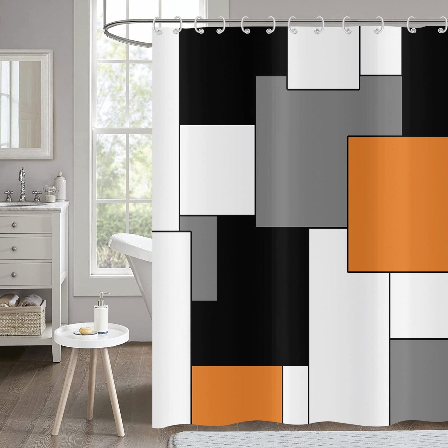 Hnmdmyi Orange Shower Curtain 180x200, Grey Black and White Shower Curtains Modern Geometric Decorative Bathroom Curtains with Hooks Waterproof