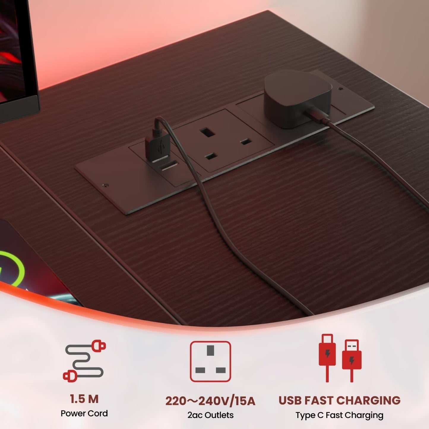 DOMSHOCT L Shaped Gaming Desk with Power Outlets, 100x70cm Corner Computer Desk with Large Reversible Shelves, Home Office Desk with Hooks for Writing