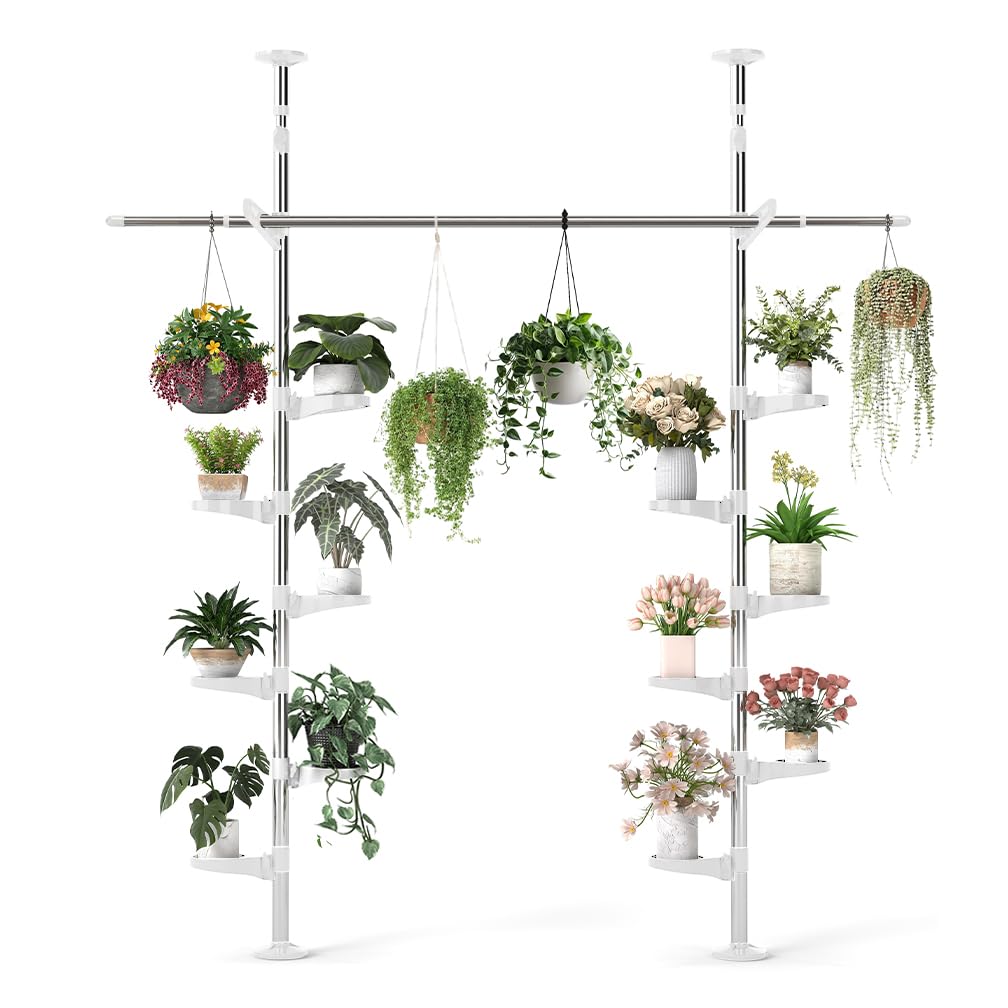 Hershii Adjustable Indoor Plant Stands Double Tension Pole Stainless Steel Flower Display Racks Holder Corner Storage Shelves with 12 Trays, 2 Hooks &