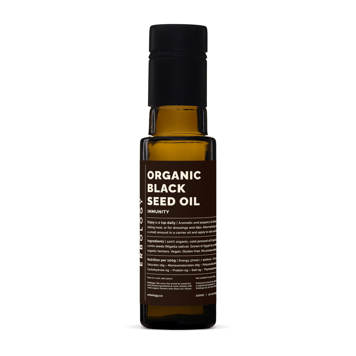 Erbology Organic Black Seed Oil 100ml - Nigella Sativa - Cold-Pressed - Over 2.5% Thymoquinone - Supports Digestive Health and Immunity - Non-GMO - No