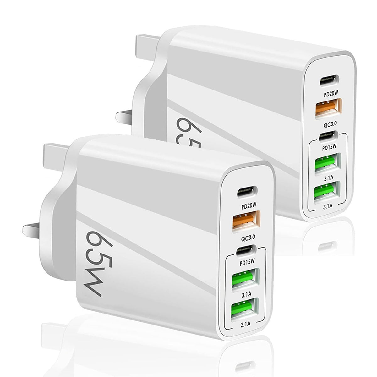 JINHENDS 65W USB C Plug, 5-Port Multi Fast Charger Plug UK, 2-Port PD Power Adapter + QC Wall Charger C Charging Plug for iPhone 16 15 14 13 12 11 Pro