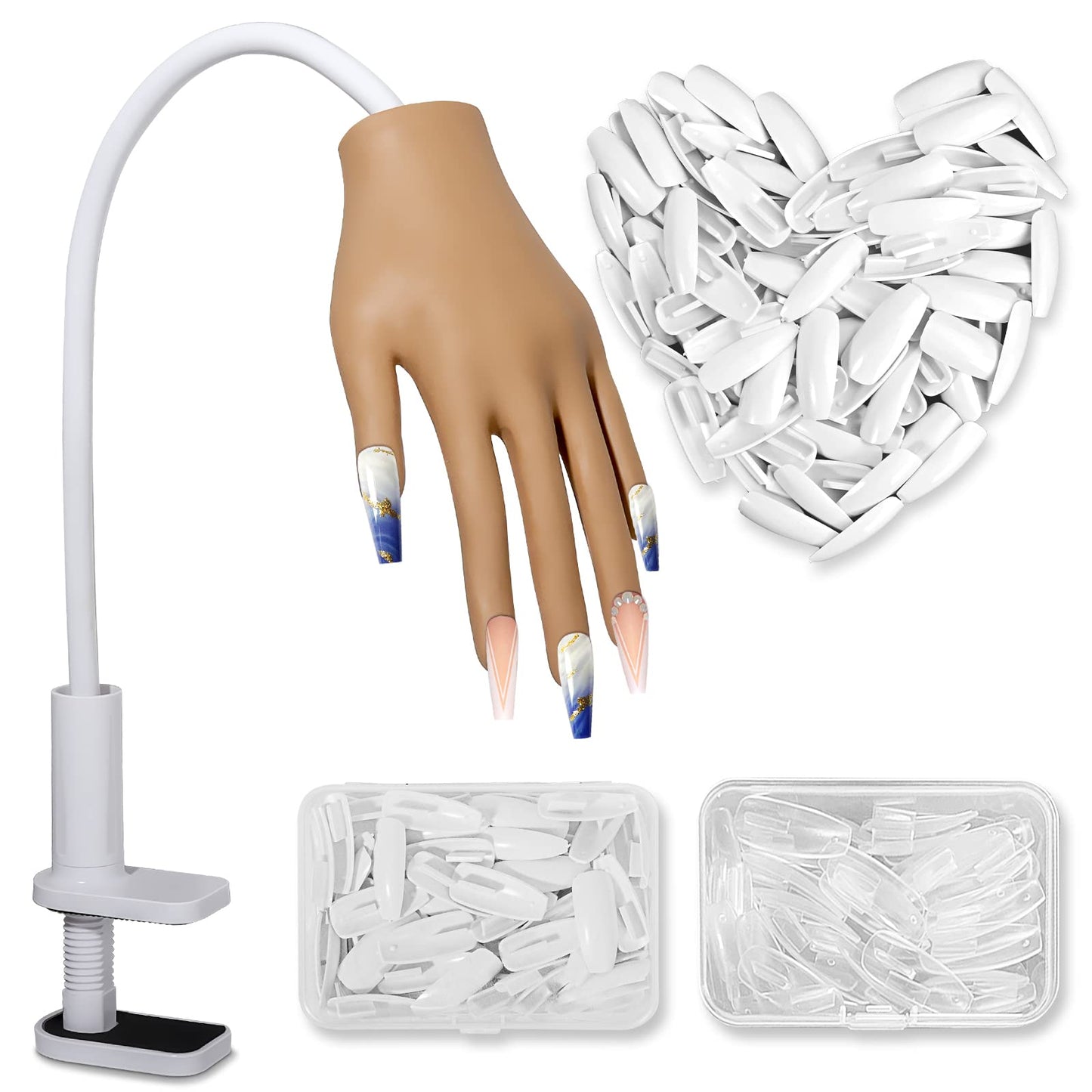 Yokilly Practice Hand for Acrylic Nails,Silicone Nail Practice Hand with 200PCS False Nails,Flexible Movable Nail Hand Practice Model,Adjustable Fake