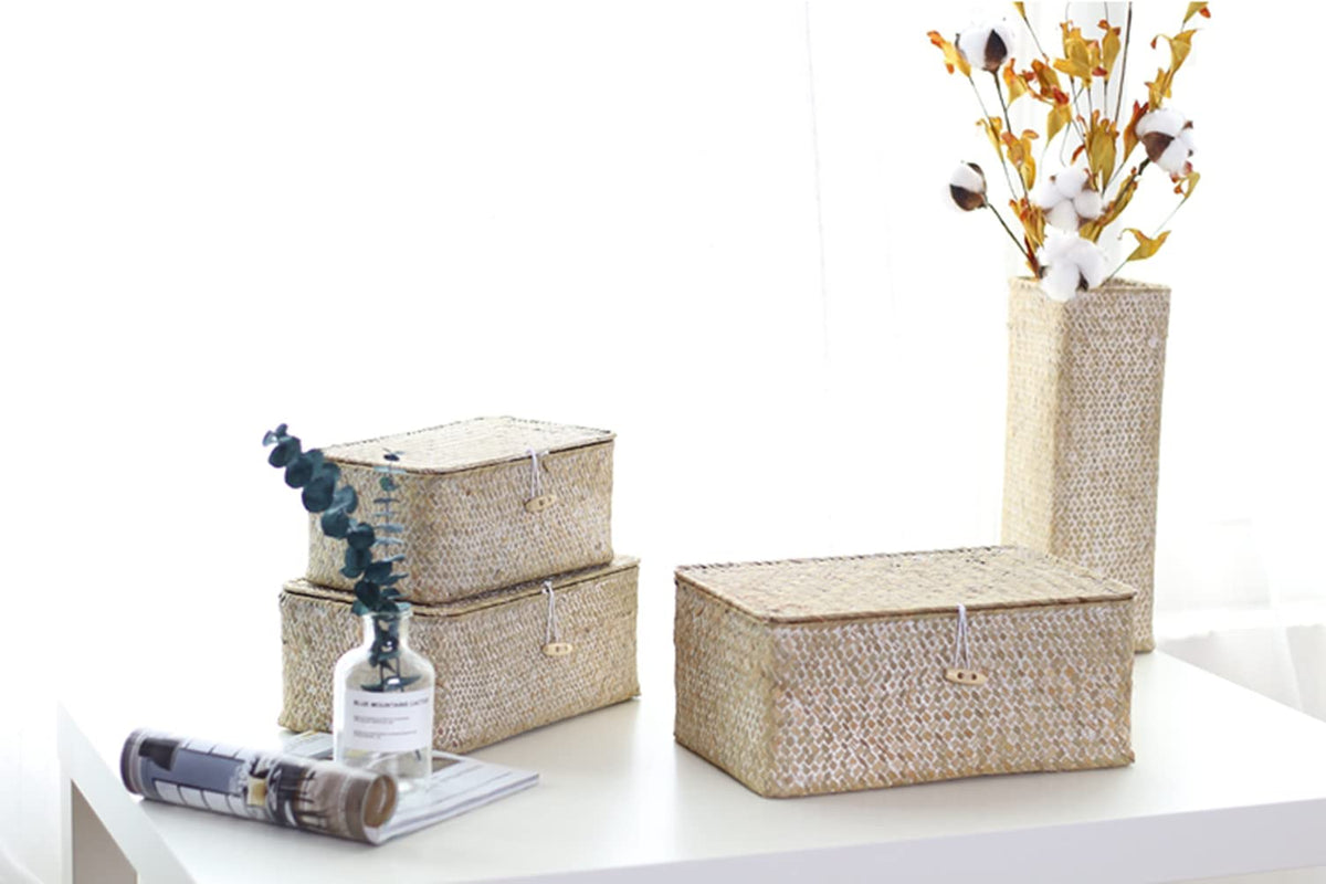 HAPYFURN Seagrass Storage Basket with Lid Rectangular Box for Toys Clothes Books Keys Natural Rattan Woven Multifunctional Makeup Organizer Set of 3