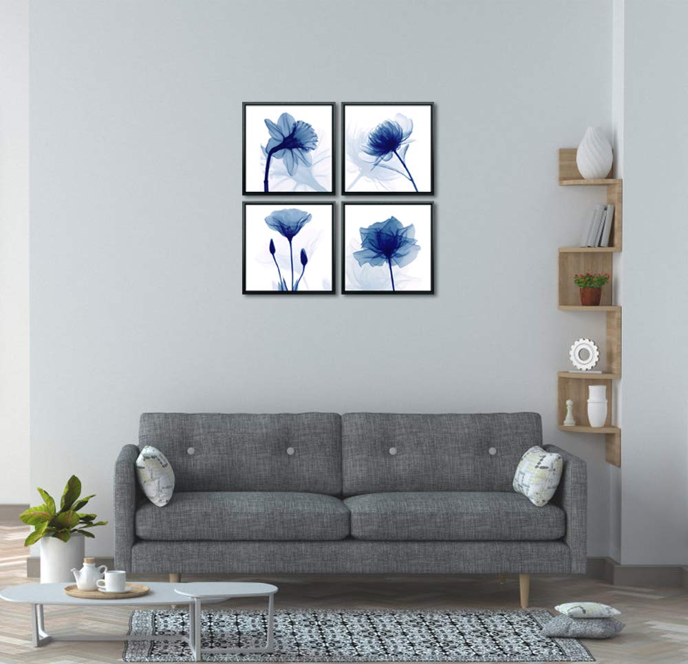 Wieco Art Black Framed 4 Panels Blue Flickering Flower Modern Canvas Wall Art Grace Floral Pictures on Canvas Prints for Bedroom Office Home