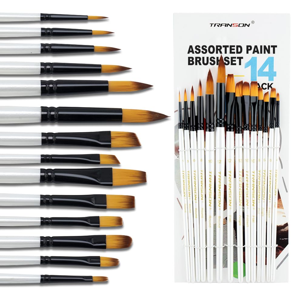 Transon 14pcs Artist Paint Brushes for Acrylic, Watercolor, Gouache, Oil and Hobby Painting White Color