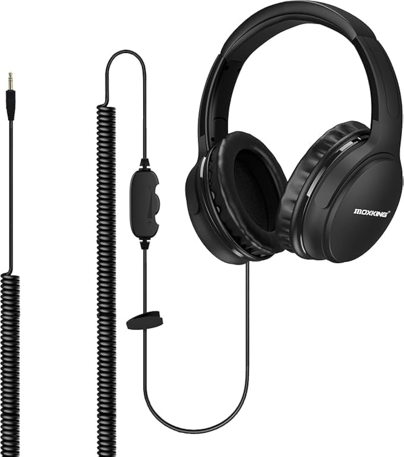 MOXKING 19.5Ft / 6M Extra Long Cord Headphones for TV PC with Volume Control, Spring Coiled Cable, 3.5mm AUX, Wired Over Ear Earphones for Seniors