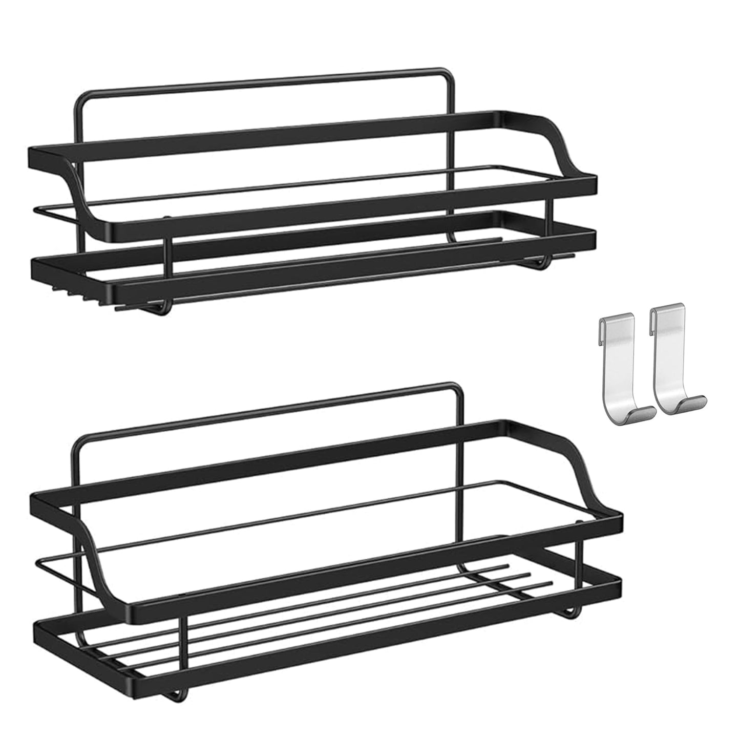 ALOCEO Shower Caddy No Drill 2 Pack, Adhesive Shower Organiser Storage, Rustproof Bathroom Accessories Shower Shelf with 2 Hooks, Black