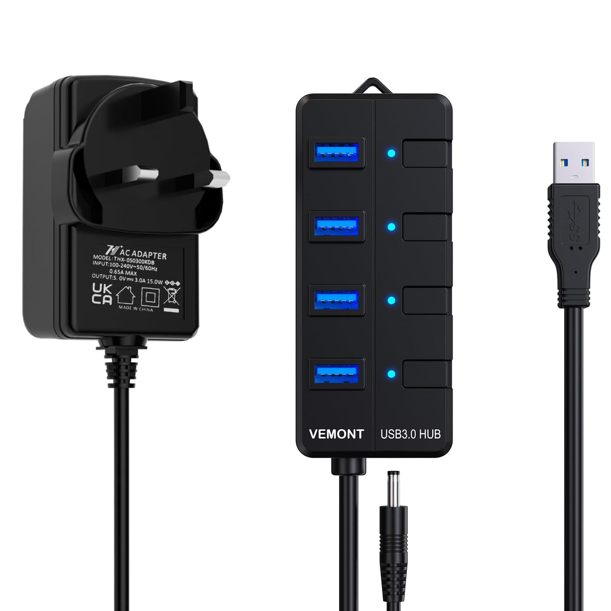 Powered USB Hub 3.0,VEMONT 4 ports USB Hub with 5V/3A Power Supply,Superspeed 5Gbps USB Splitter with Individual on/off LED Switches and 3.9ft/1.2m