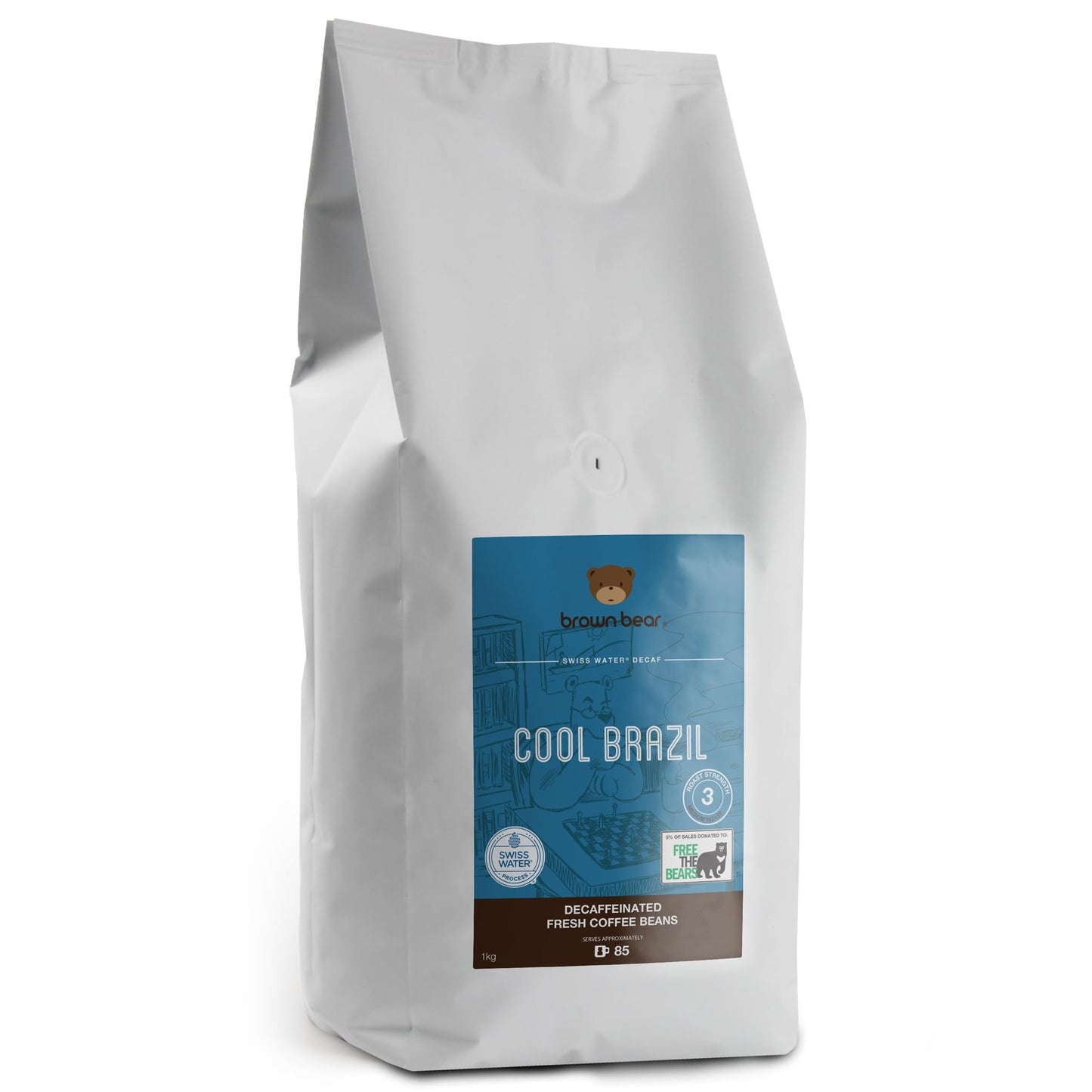 Brazilian Decaffeinated Roast Coffee Beans 1kg - Brown Bear Cool Brazil Medium Roast - Swiss Water Decaf Process - For All Coffee Machines - Strength